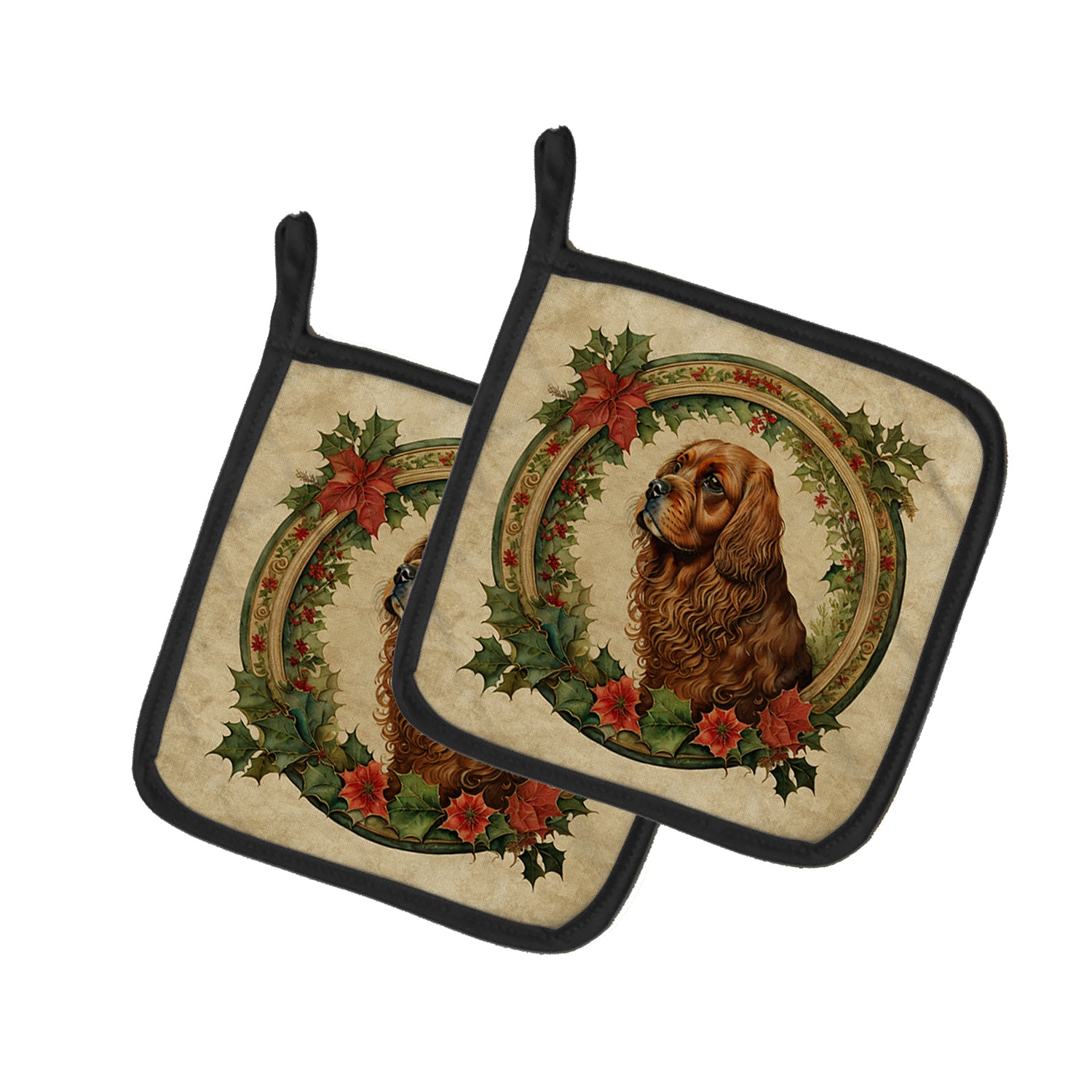 Buy this Sussex Spaniel Christmas Flowers Pair of Pot Holders