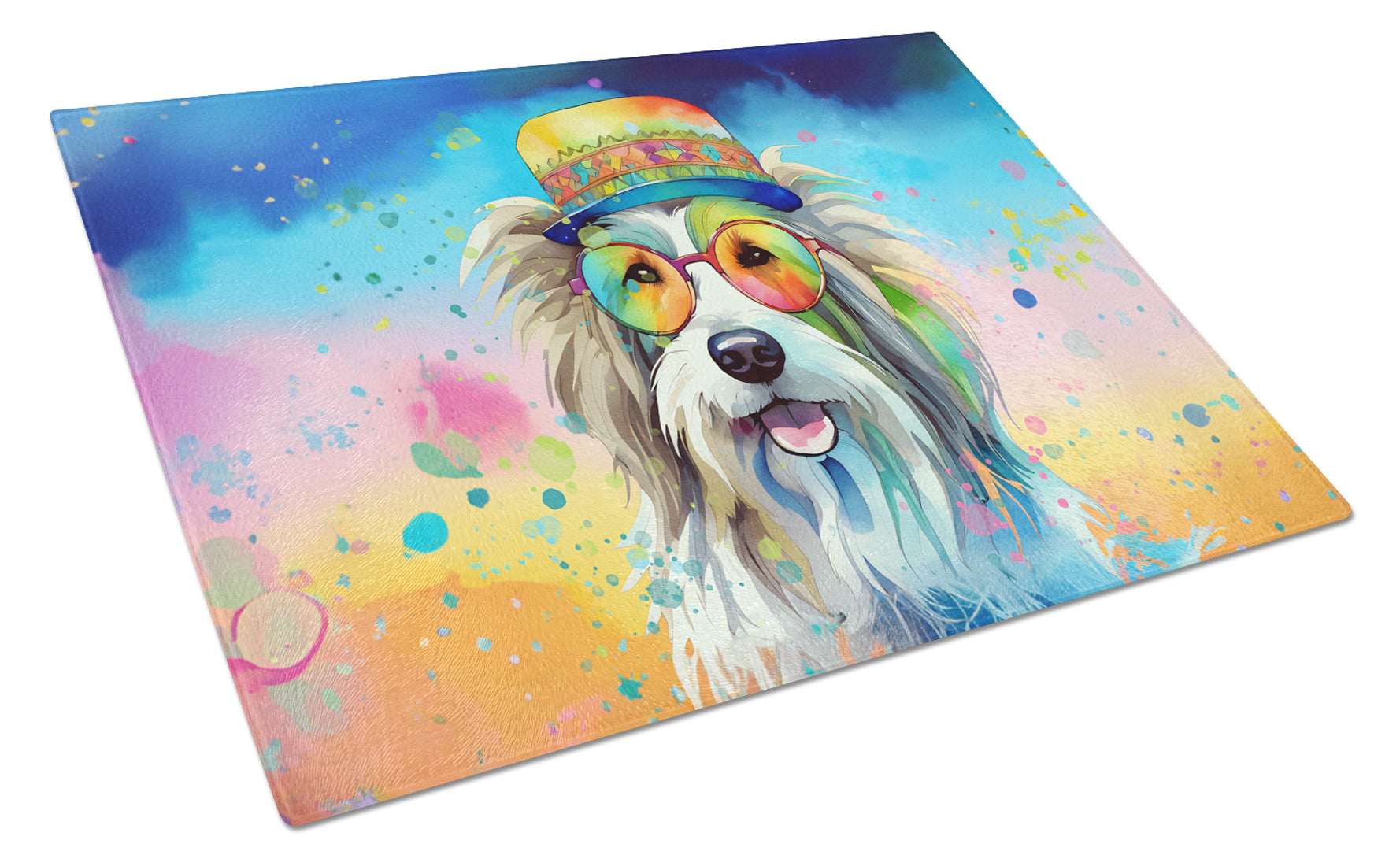 Buy this Bearded Collie Hippie Dawg Glass Cutting Board Large