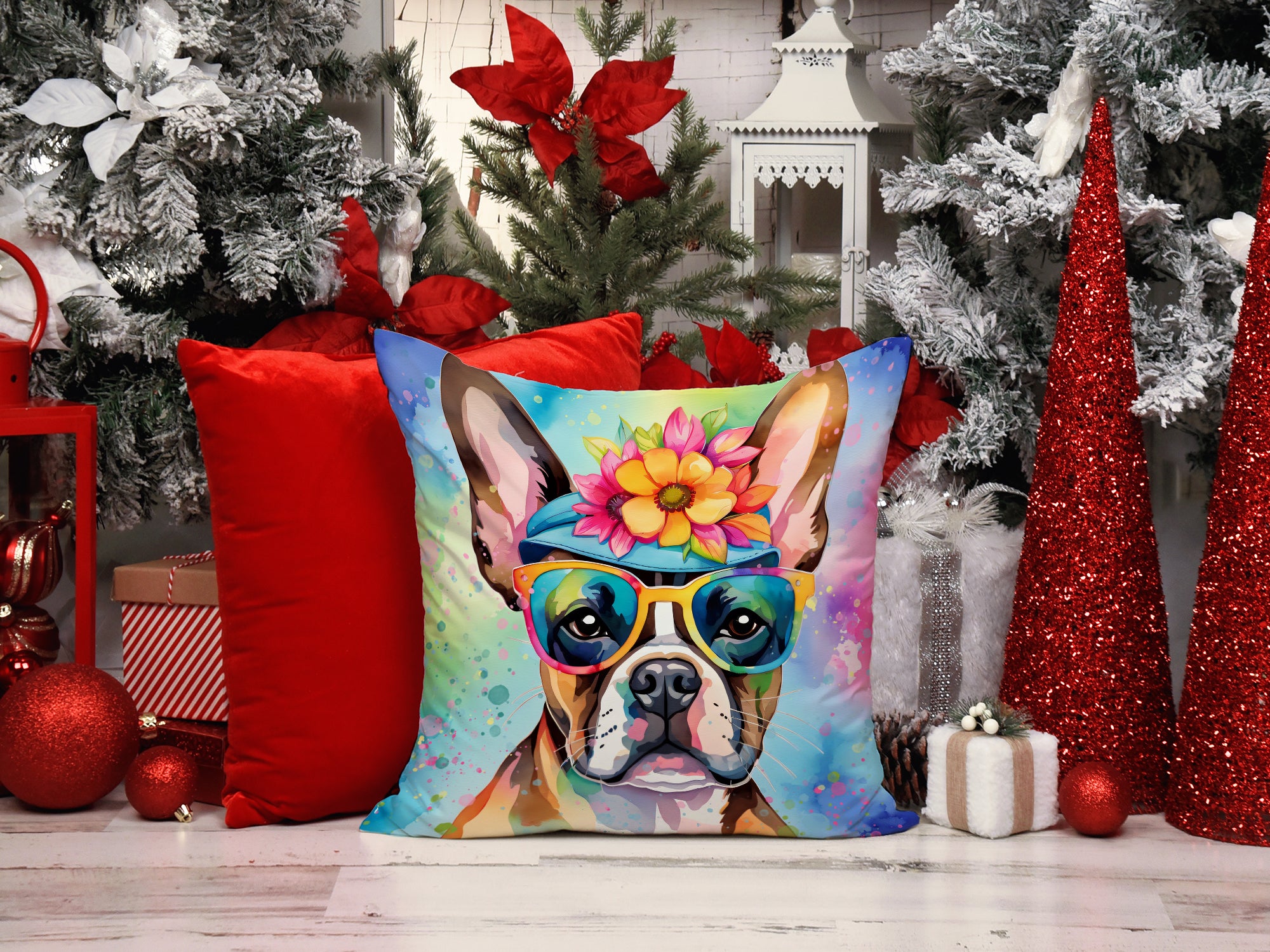 Buy this Boston Terrier Hippie Dawg Fabric Decorative Pillow