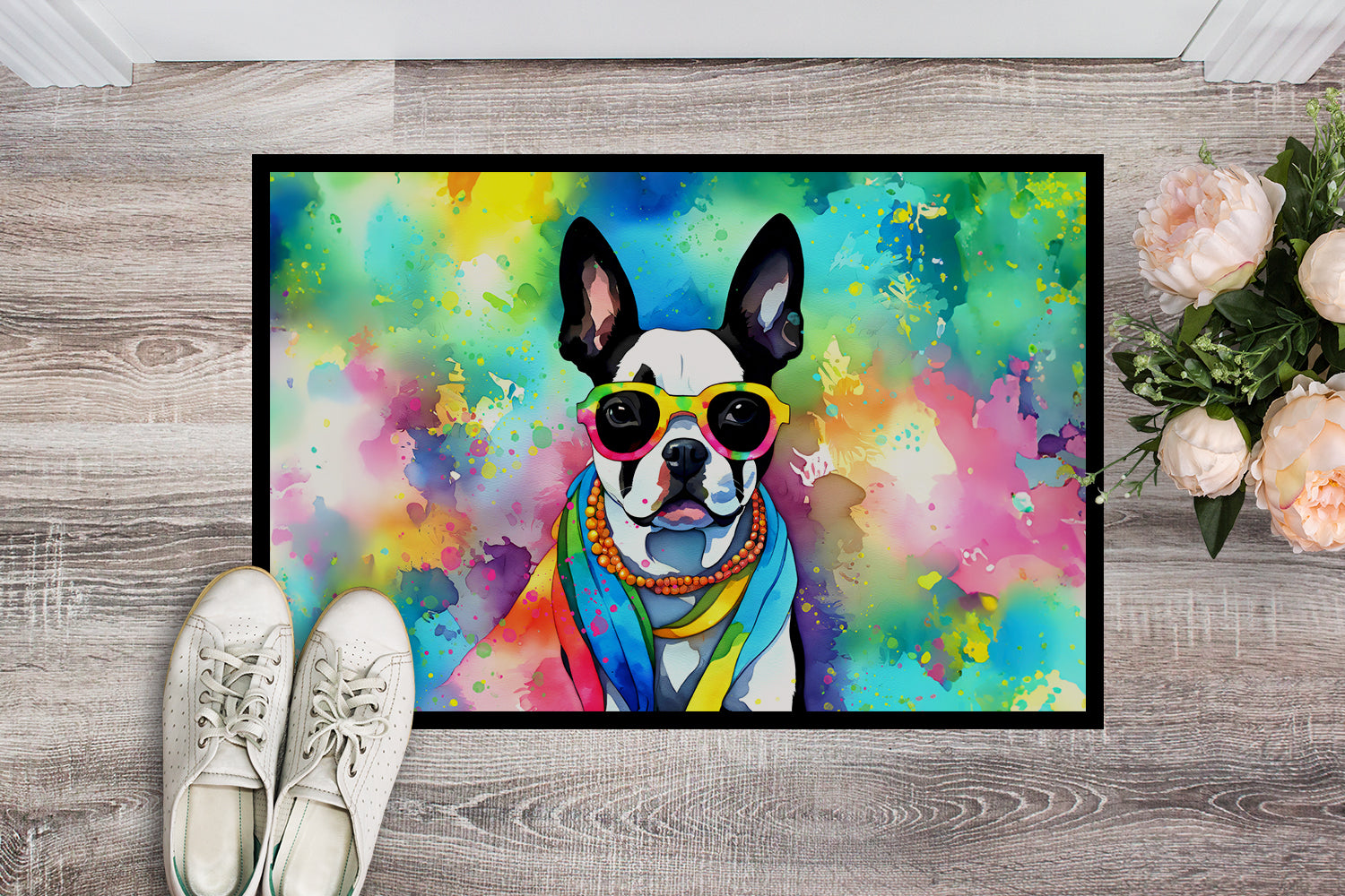 Buy this Boston Terrier Hippie Dawg Indoor or Outdoor Mat 24x36