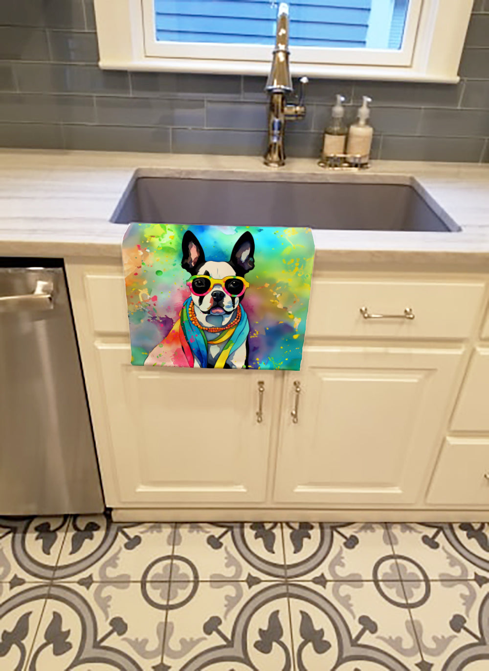 Buy this Boston Terrier Hippie Dawg Kitchen Towel