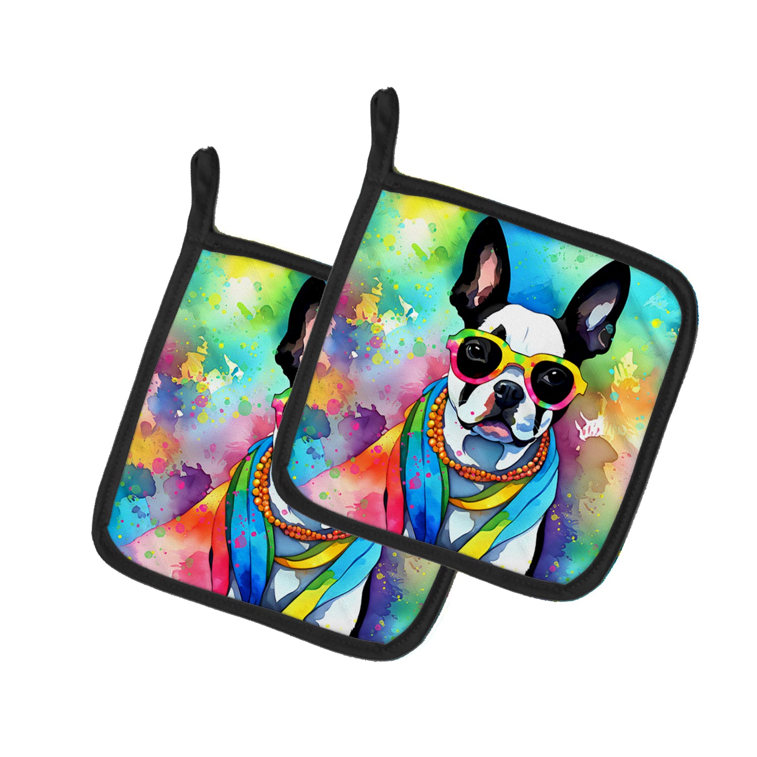 Buy this Boston Terrier Hippie Dawg Pair of Pot Holders