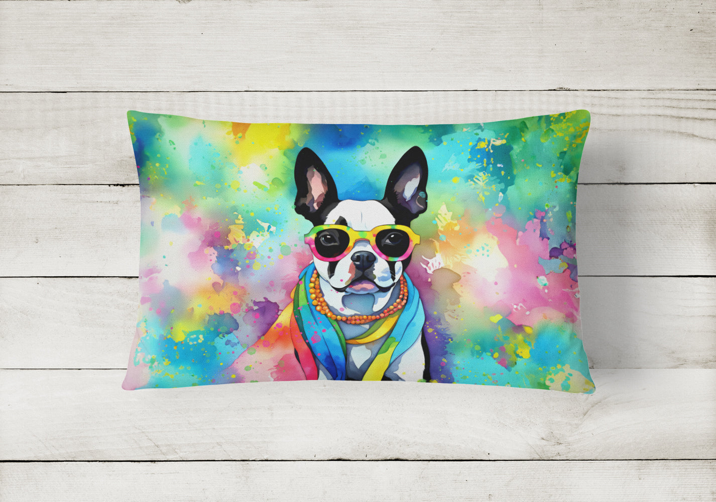 Buy this Boston Terrier Hippie Dawg Fabric Decorative Pillow