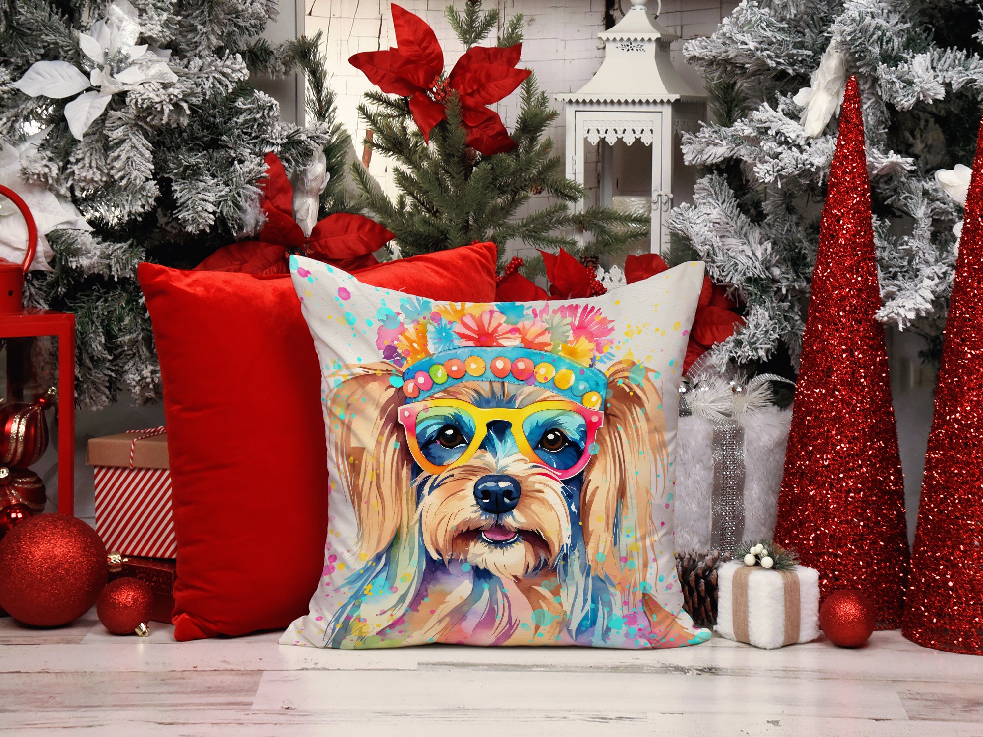 Yorkshire Terrier Hippie Dawg Fabric Decorative Pillow
