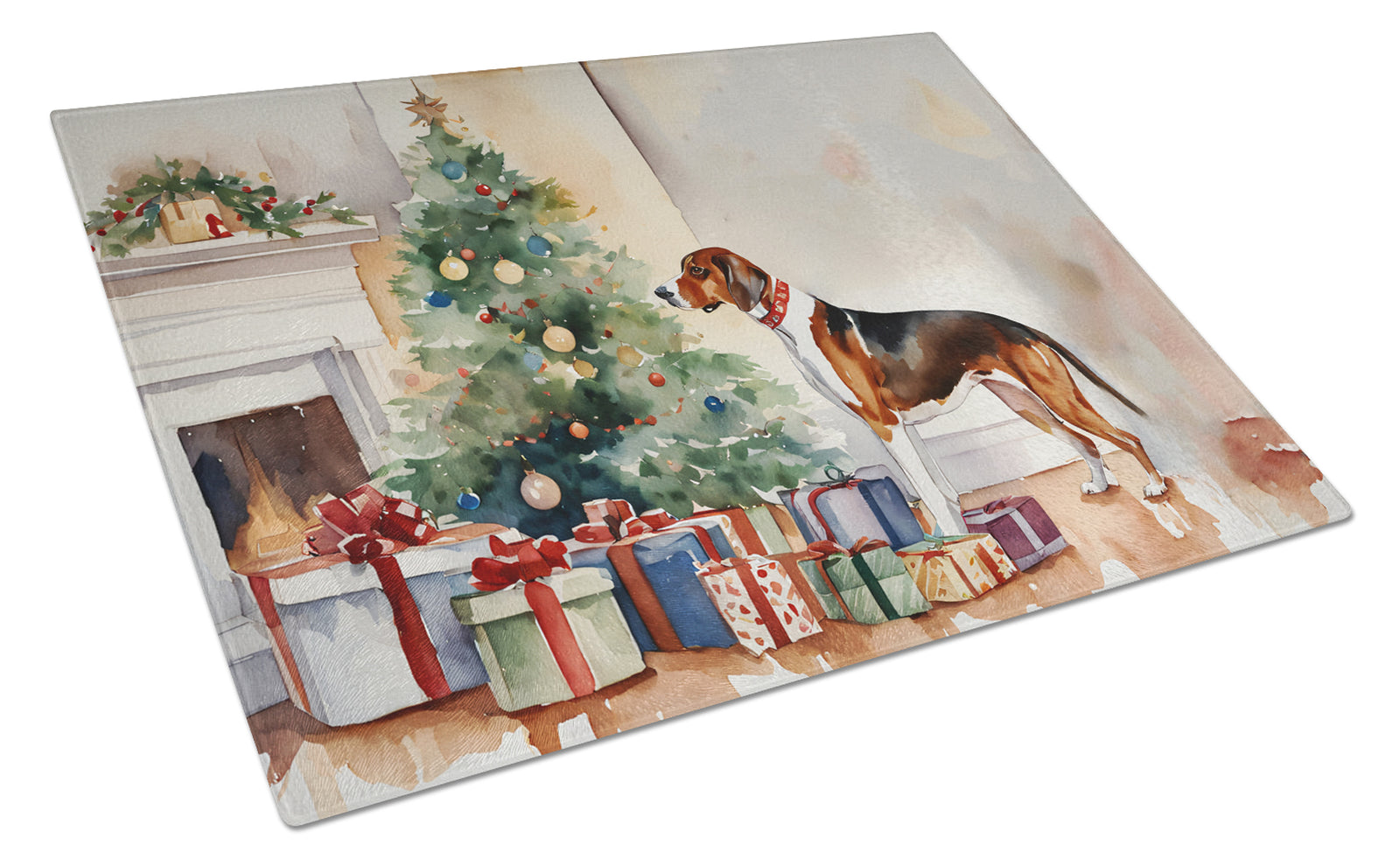 Buy this American English Coonhound Cozy Christmas Glass Cutting Board Large