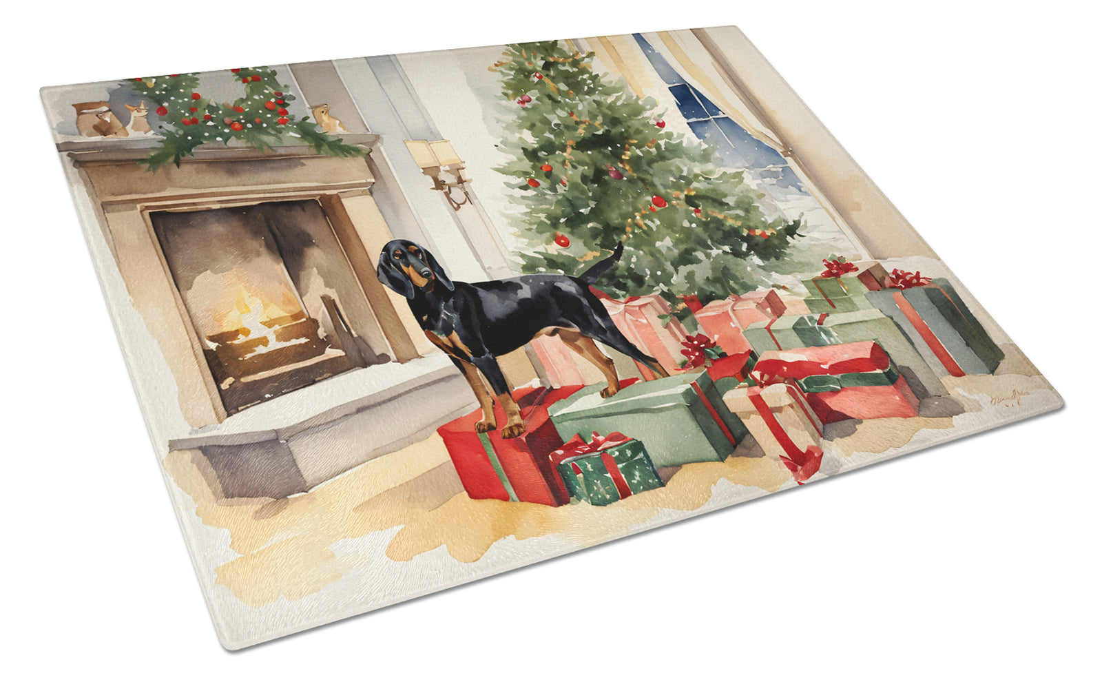 Buy this Black and Tan Coonhound Cozy Christmas Glass Cutting Board Large