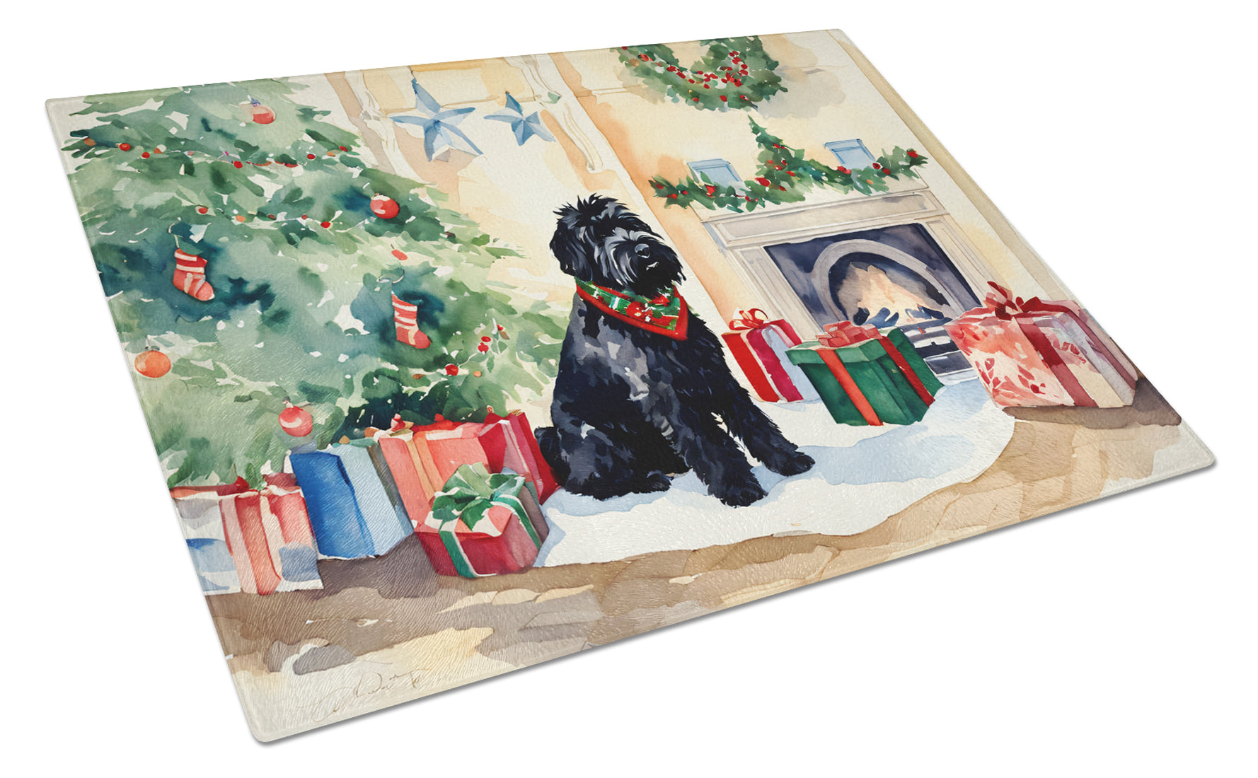 Buy this Black Russian Terrier Cozy Christmas Glass Cutting Board Large