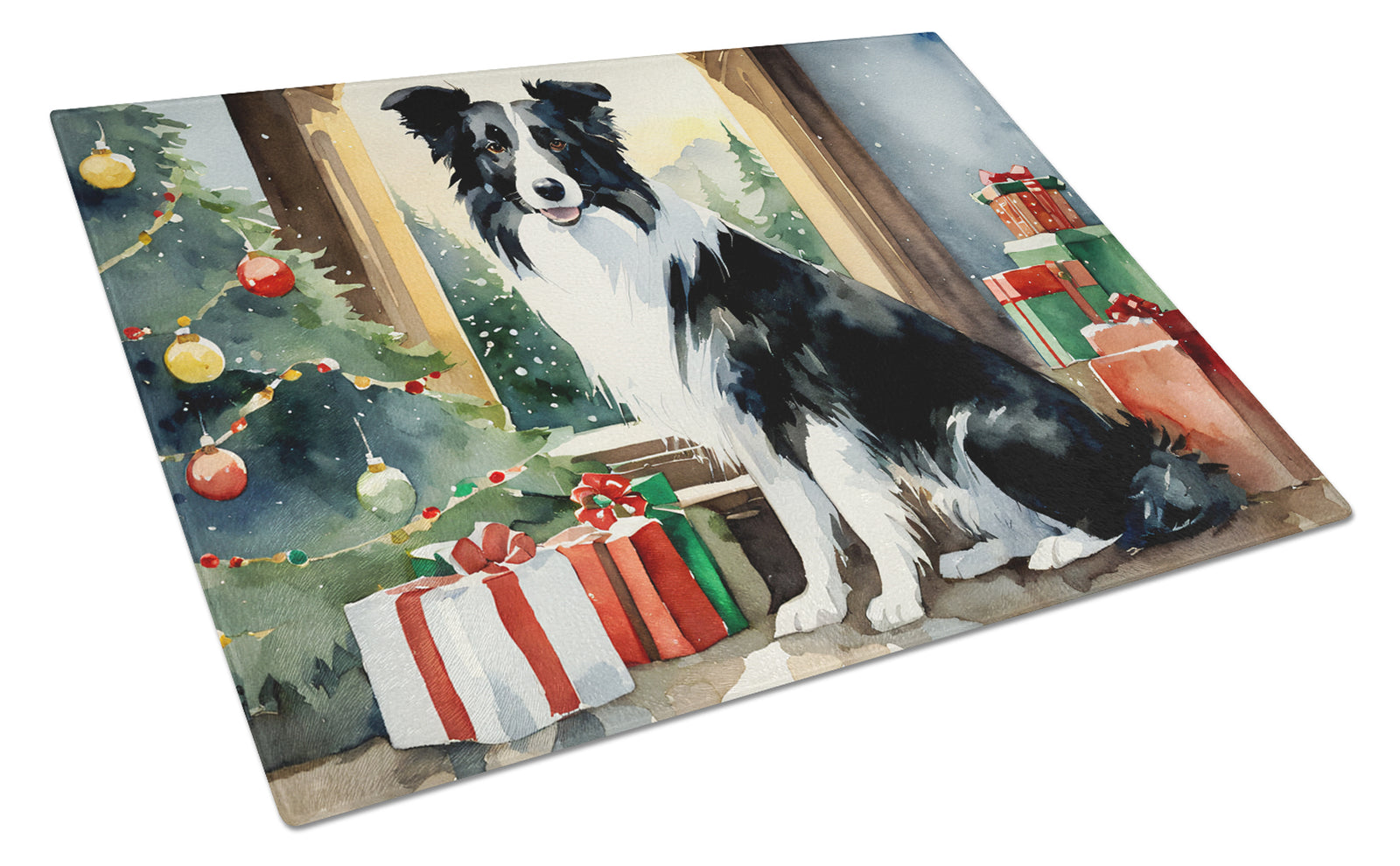 Buy this Border Collie Cozy Christmas Glass Cutting Board Large
