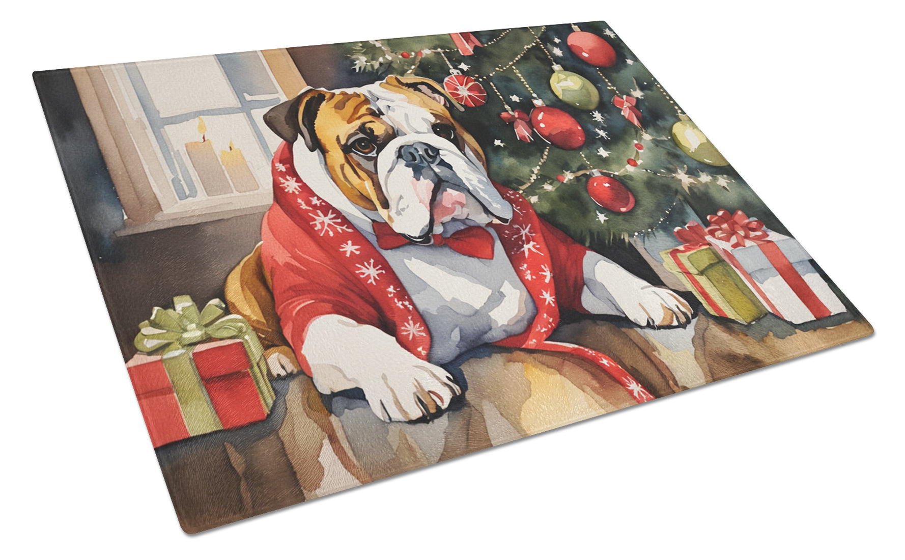Buy this English Bulldog Cozy Christmas Glass Cutting Board Large