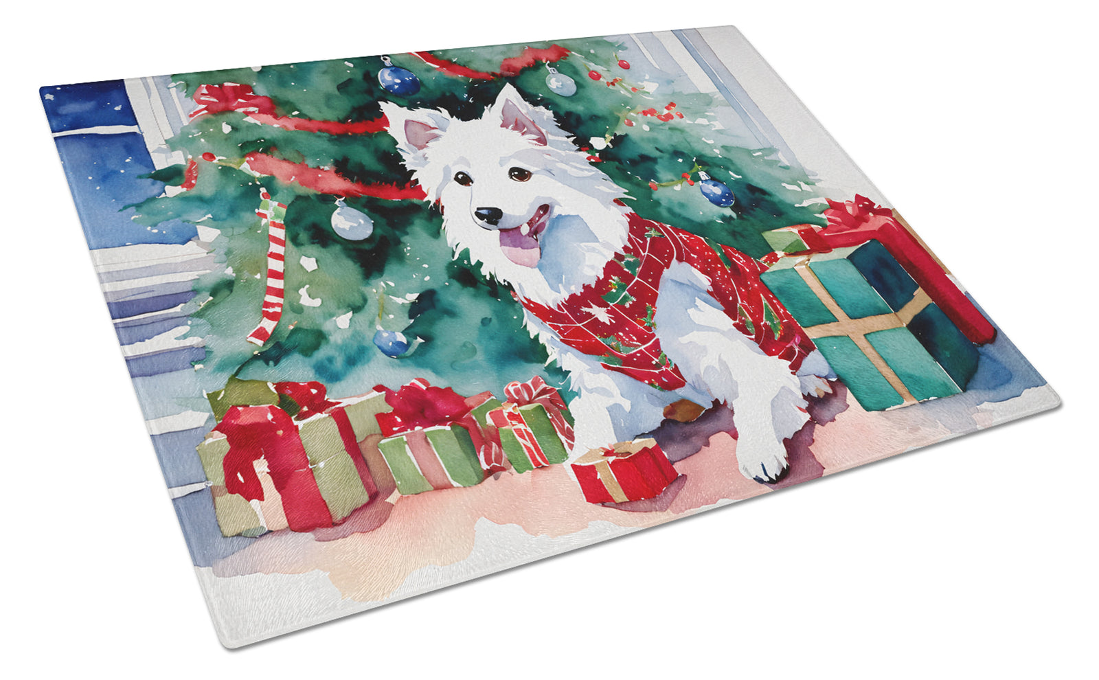 Buy this Japanese Spitz Cozy Christmas Glass Cutting Board Large