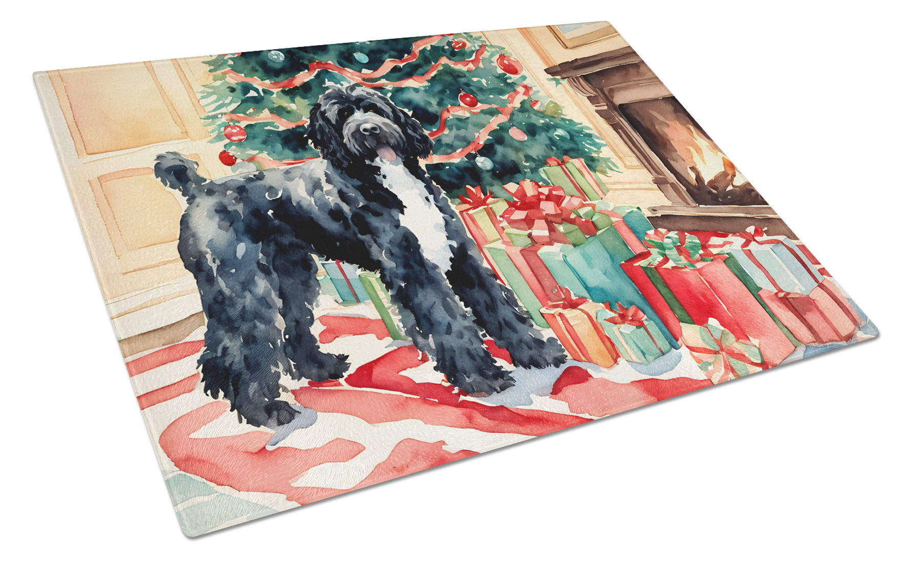 Buy this Portuguese Water Dog Cozy Christmas Glass Cutting Board Large
