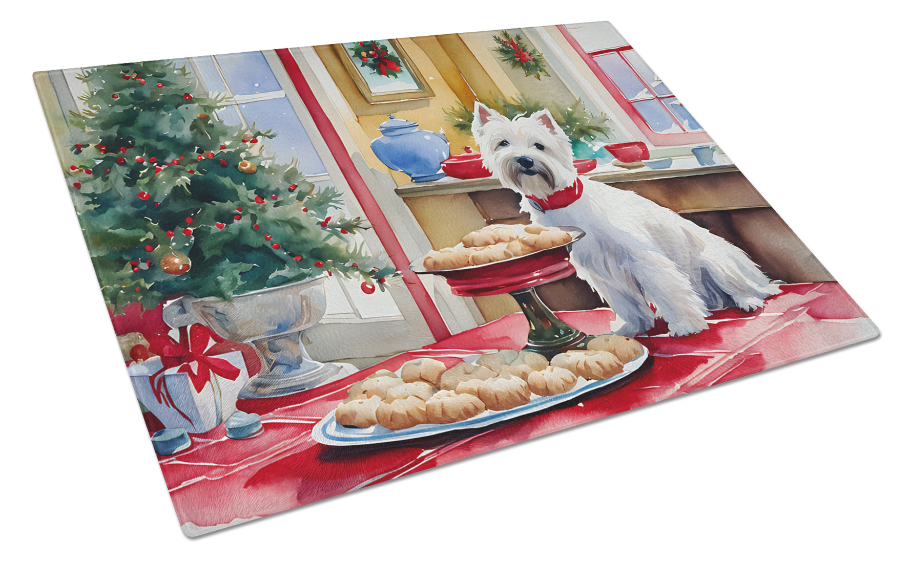 Buy this Westie Christmas Cookies Glass Cutting Board