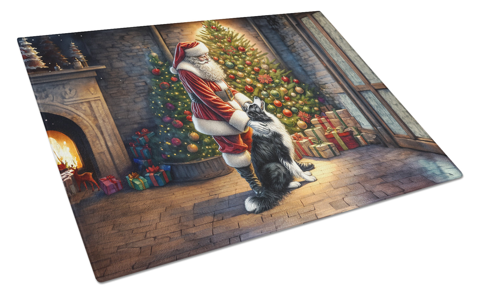 Buy this Border Collie and Santa Claus Glass Cutting Board