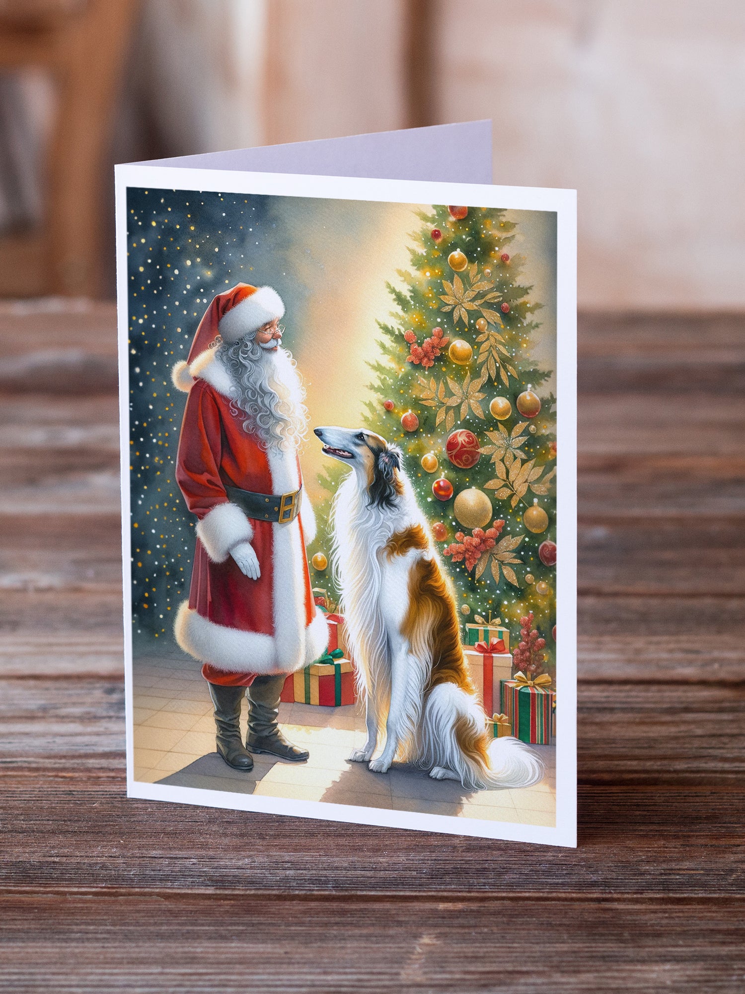 Buy this Borzoi and Santa Claus Greeting Cards Pack of 8
