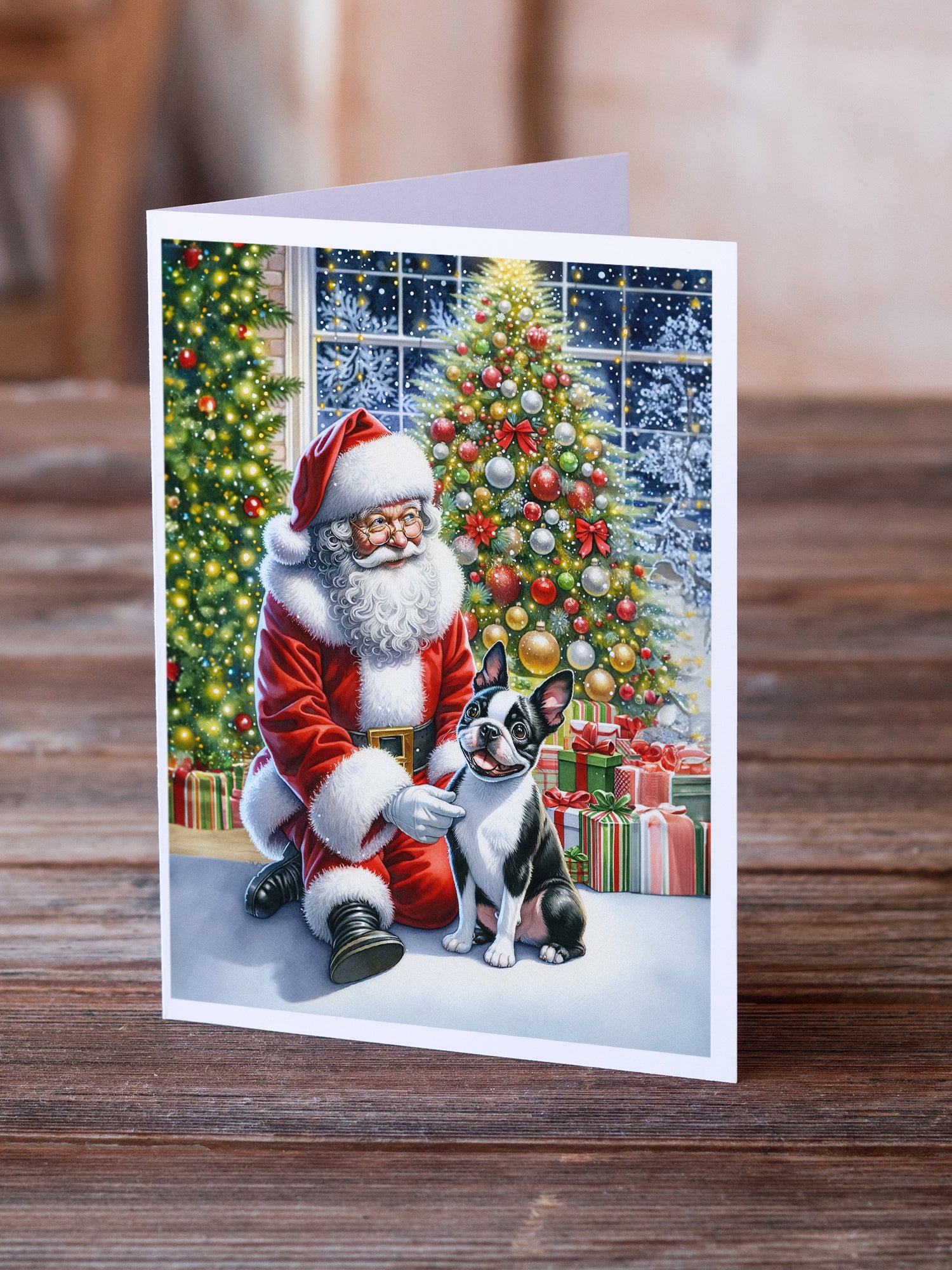 Buy this Boston Terrier and Santa Claus Greeting Cards Pack of 8