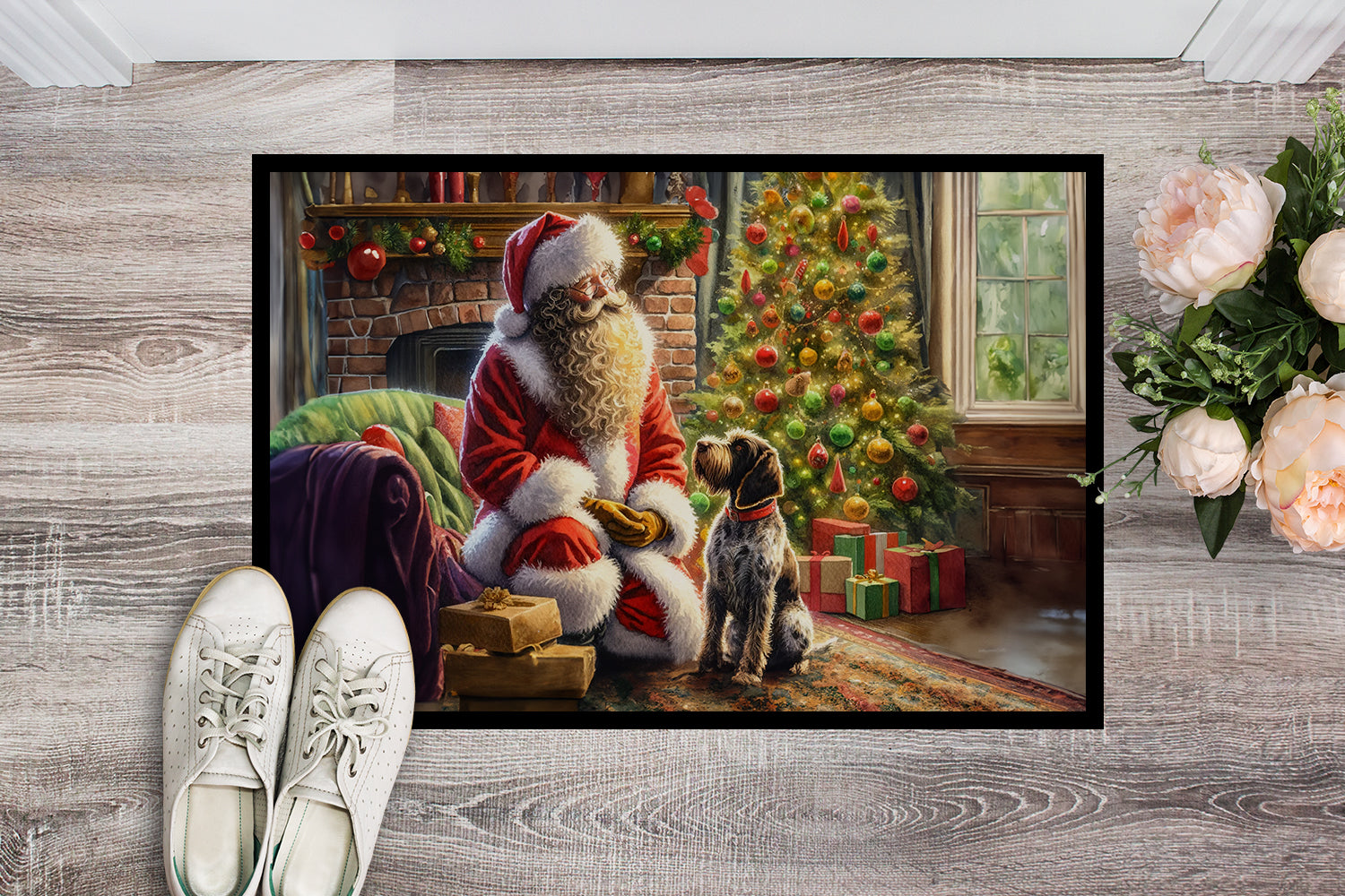 Wirehaired Pointing Griffon and Santa Claus Doormat
