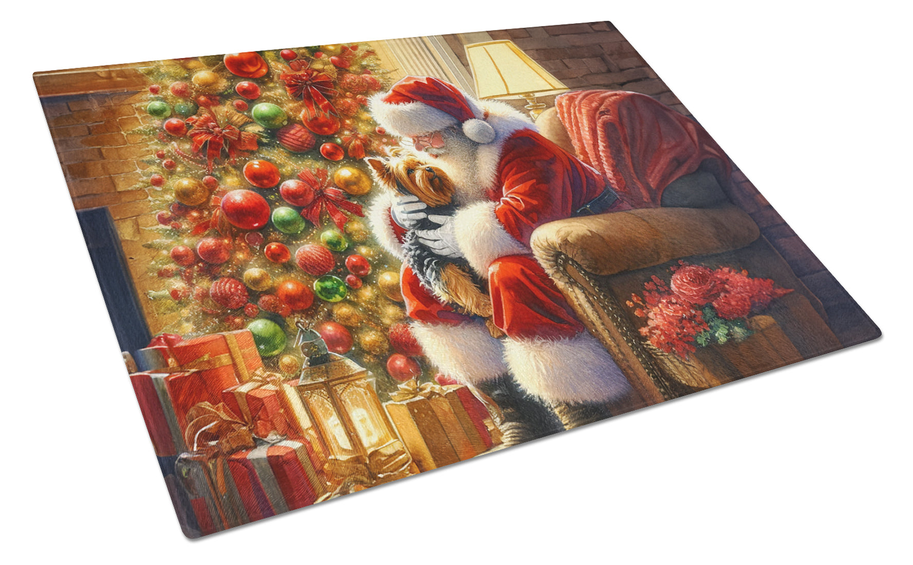 Buy this Yorkshire Terrier Yorkie and Santa Claus Glass Cutting Board