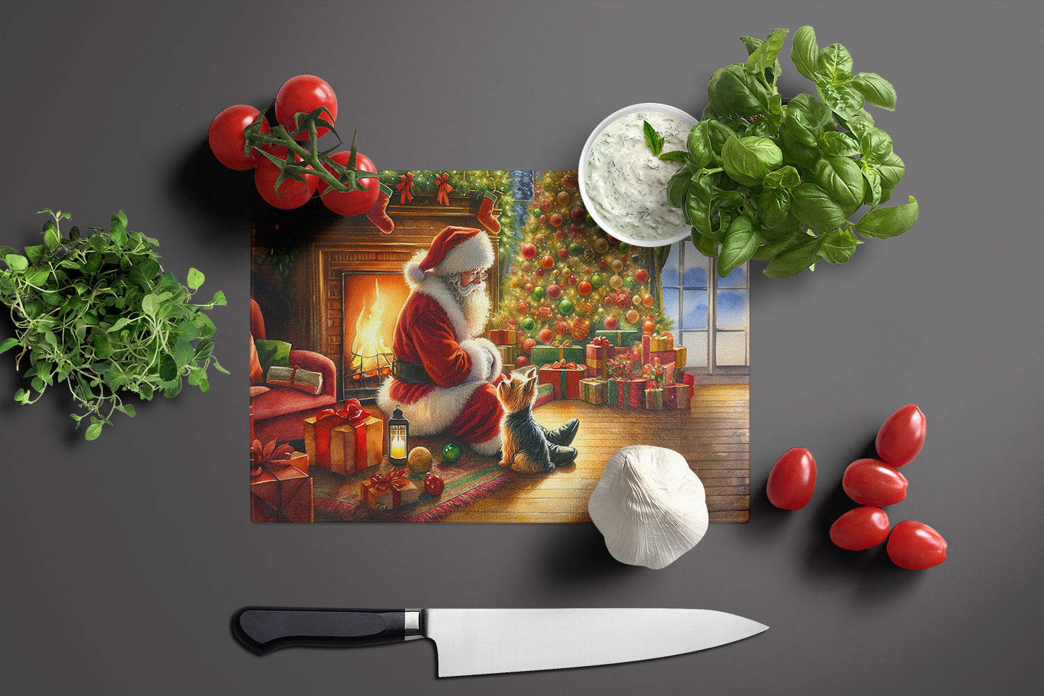 Yorkshire Terrier Yorkie and Santa Claus Glass Cutting Board