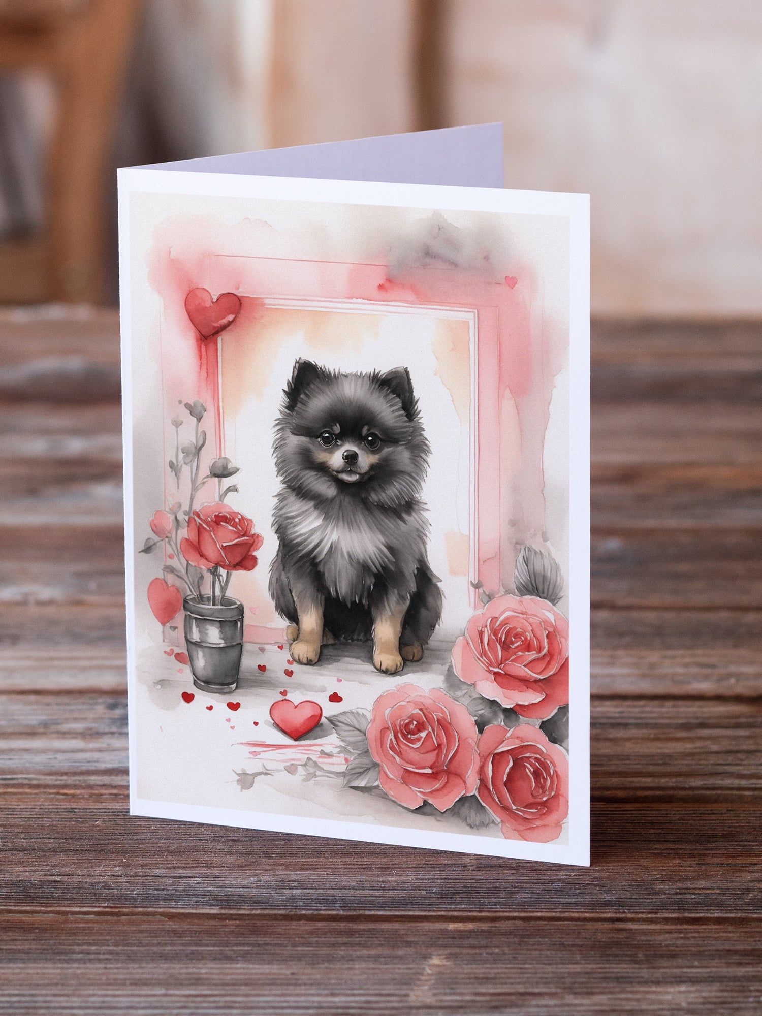 Buy this Black Pomeranian Valentine Roses Greeting Cards Pack of 8