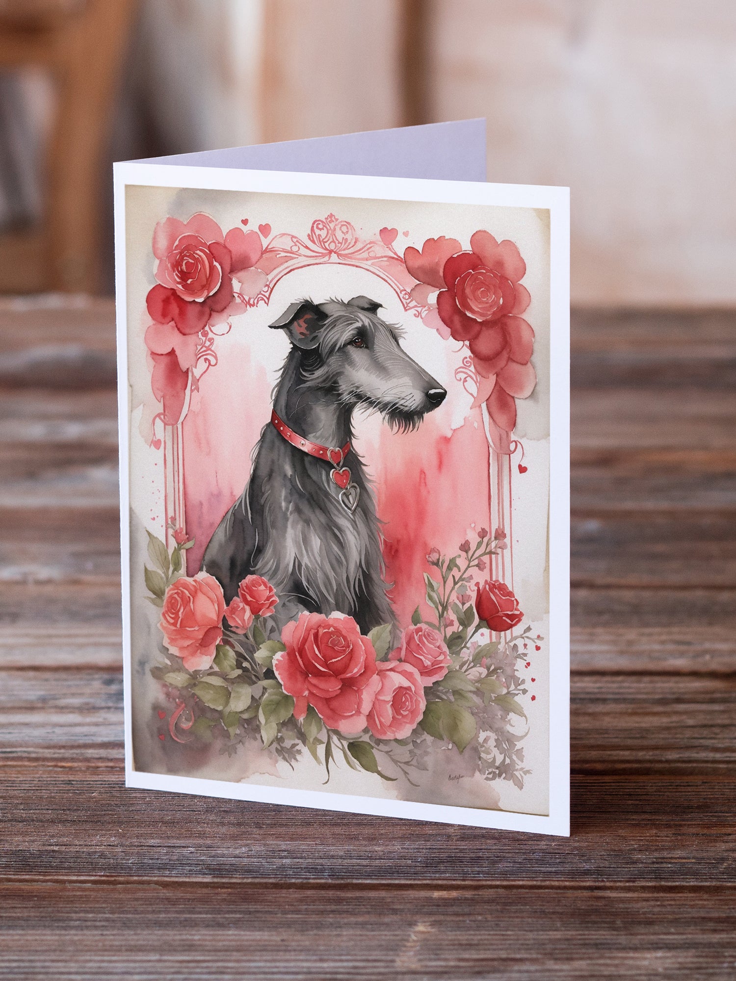 Buy this Scottish Deerhound Valentine Roses Greeting Cards Pack of 8