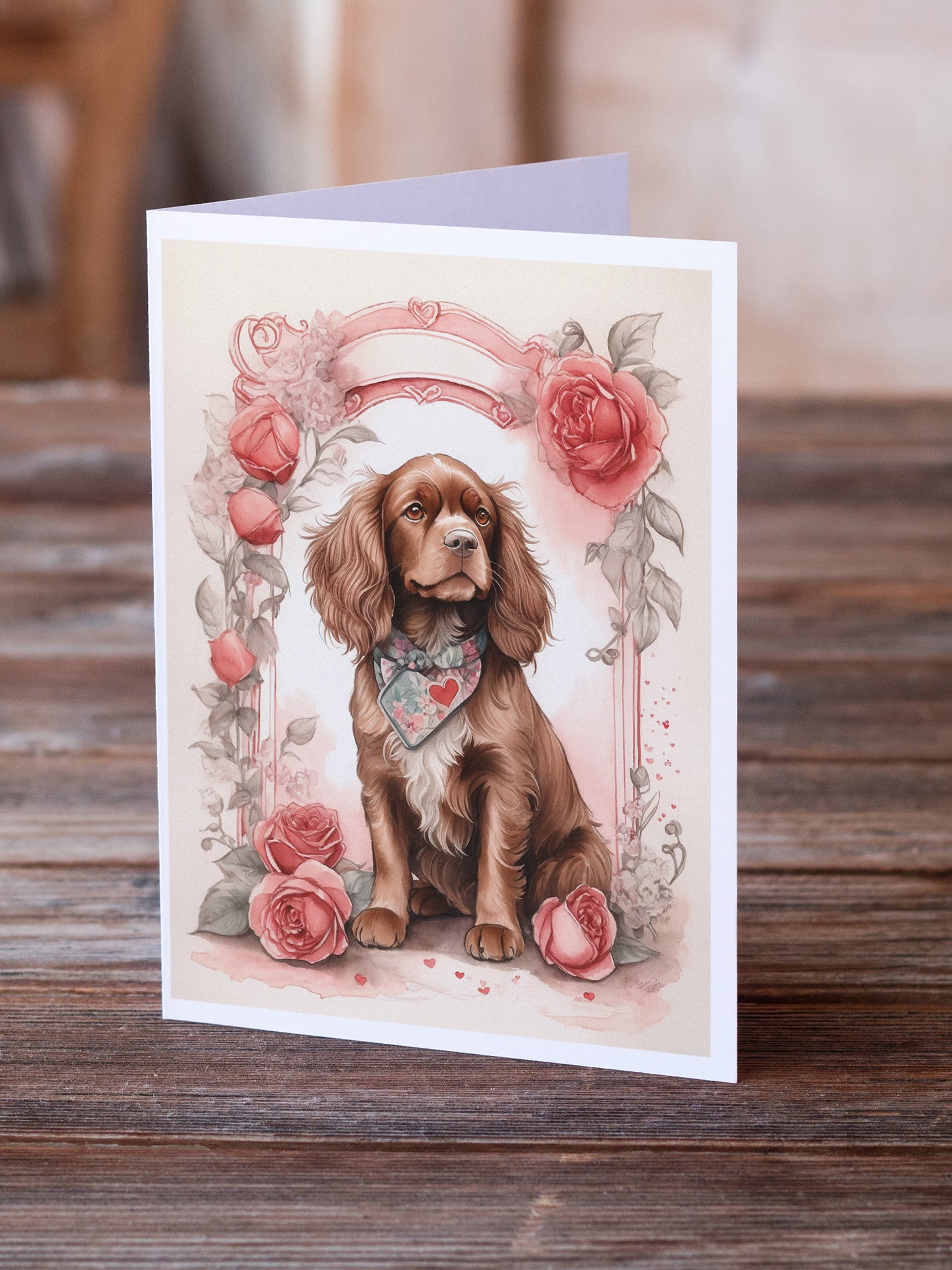 Sussex Spaniel Valentine Roses Greeting Cards Pack of 8