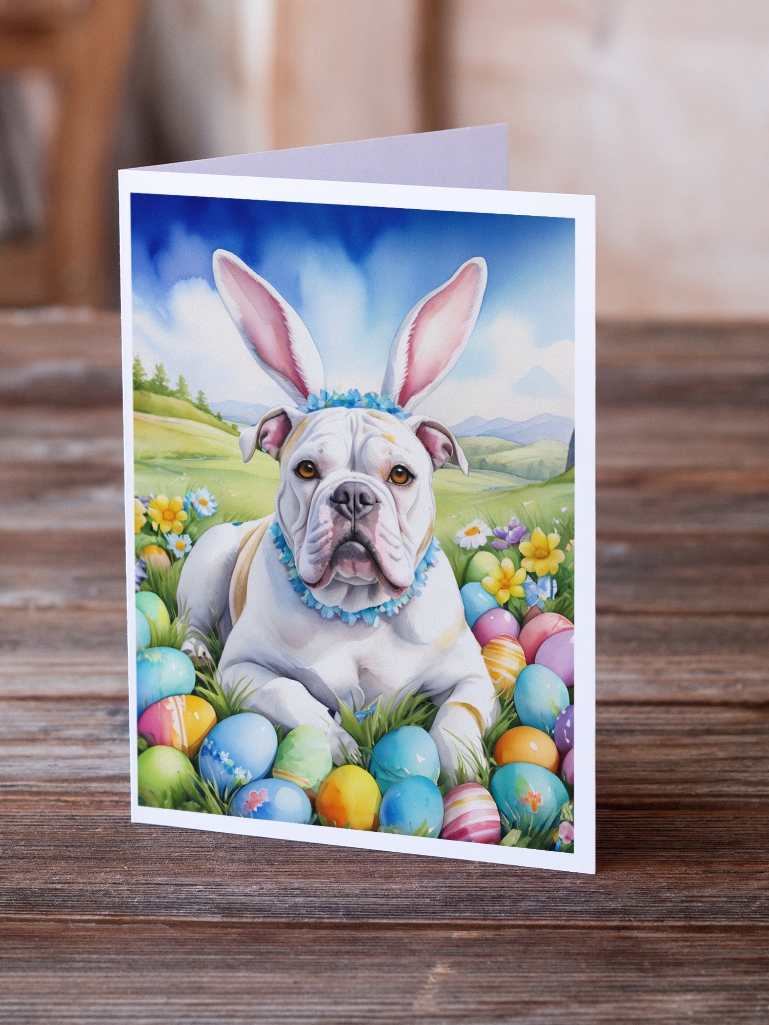 Buy this American Bulldog Easter Egg Hunt Greeting Cards Pack of 8