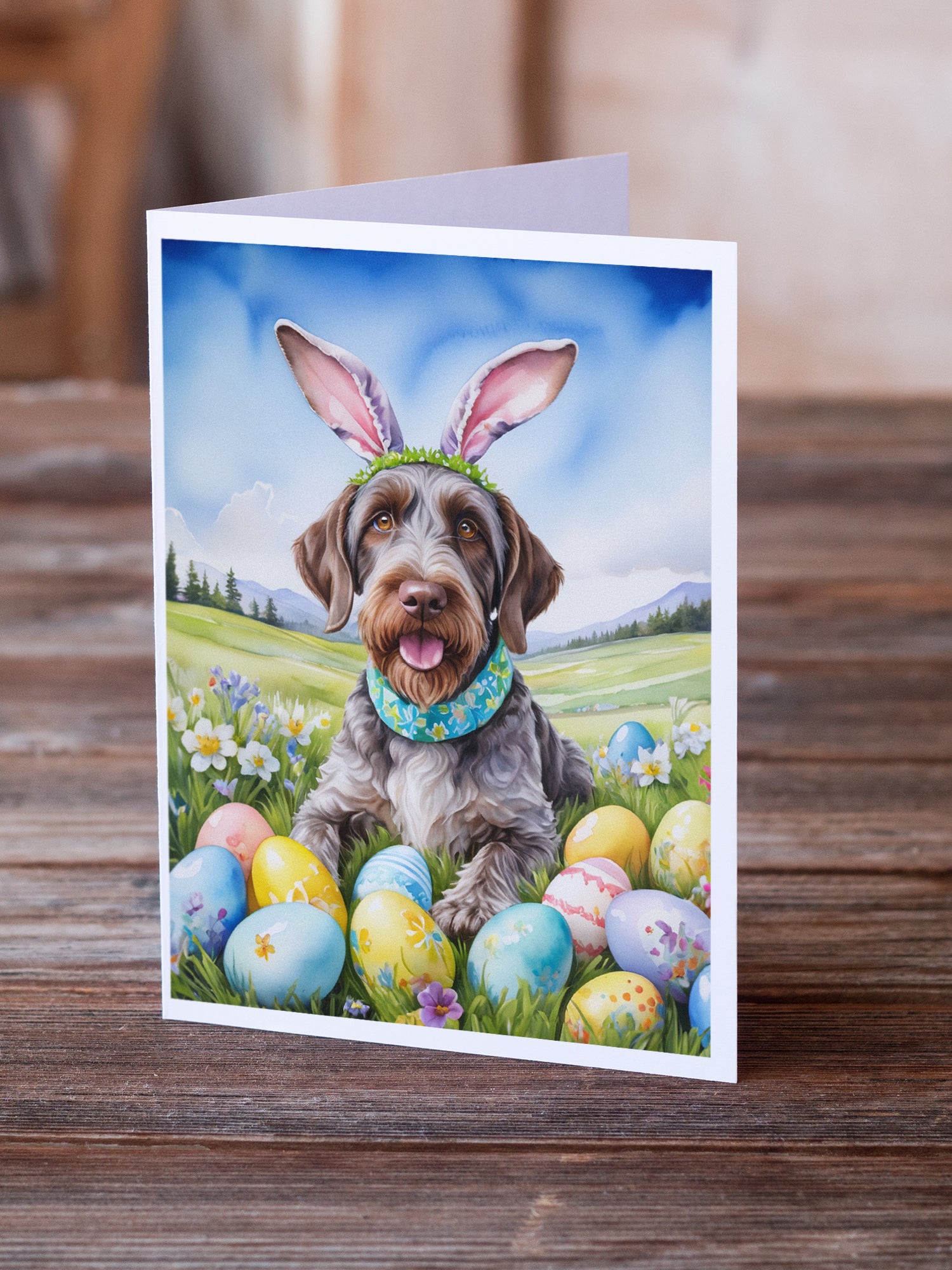 Buy this German Wirehaired Pointer Easter Egg Hunt Greeting Cards Pack of 8