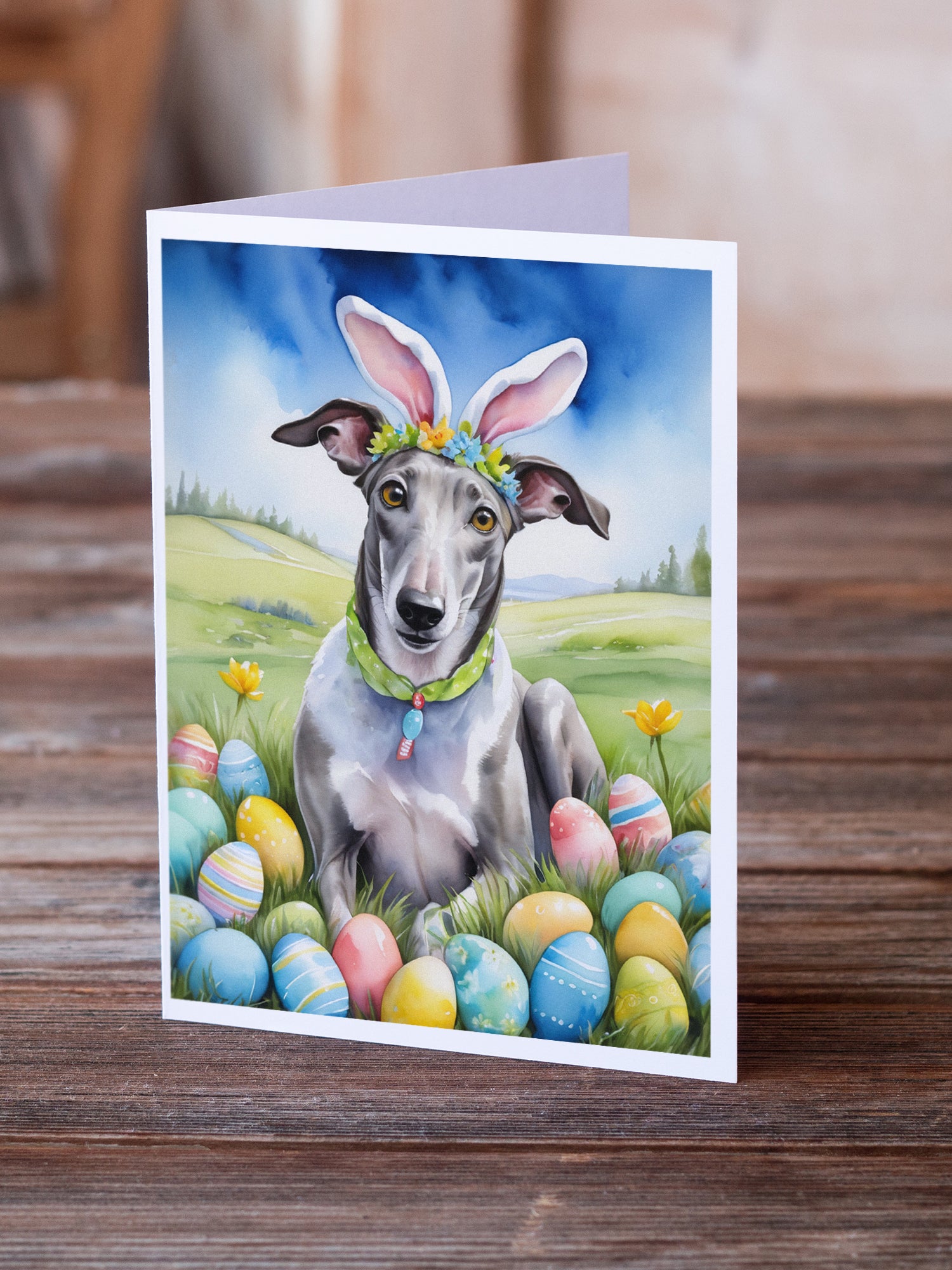 Buy this Greyhound Easter Egg Hunt Greeting Cards Pack of 8