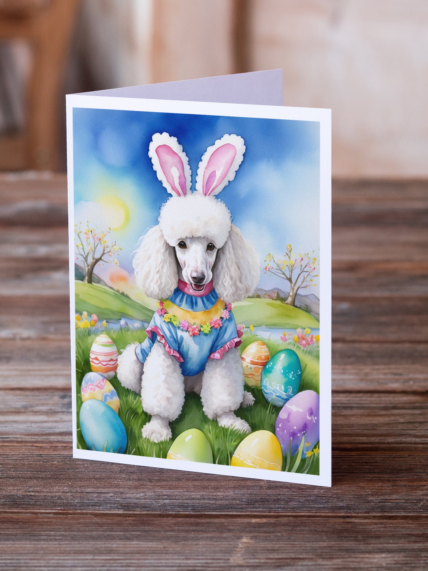 Buy this White Poodle Easter Egg Hunt Greeting Cards Pack of 8