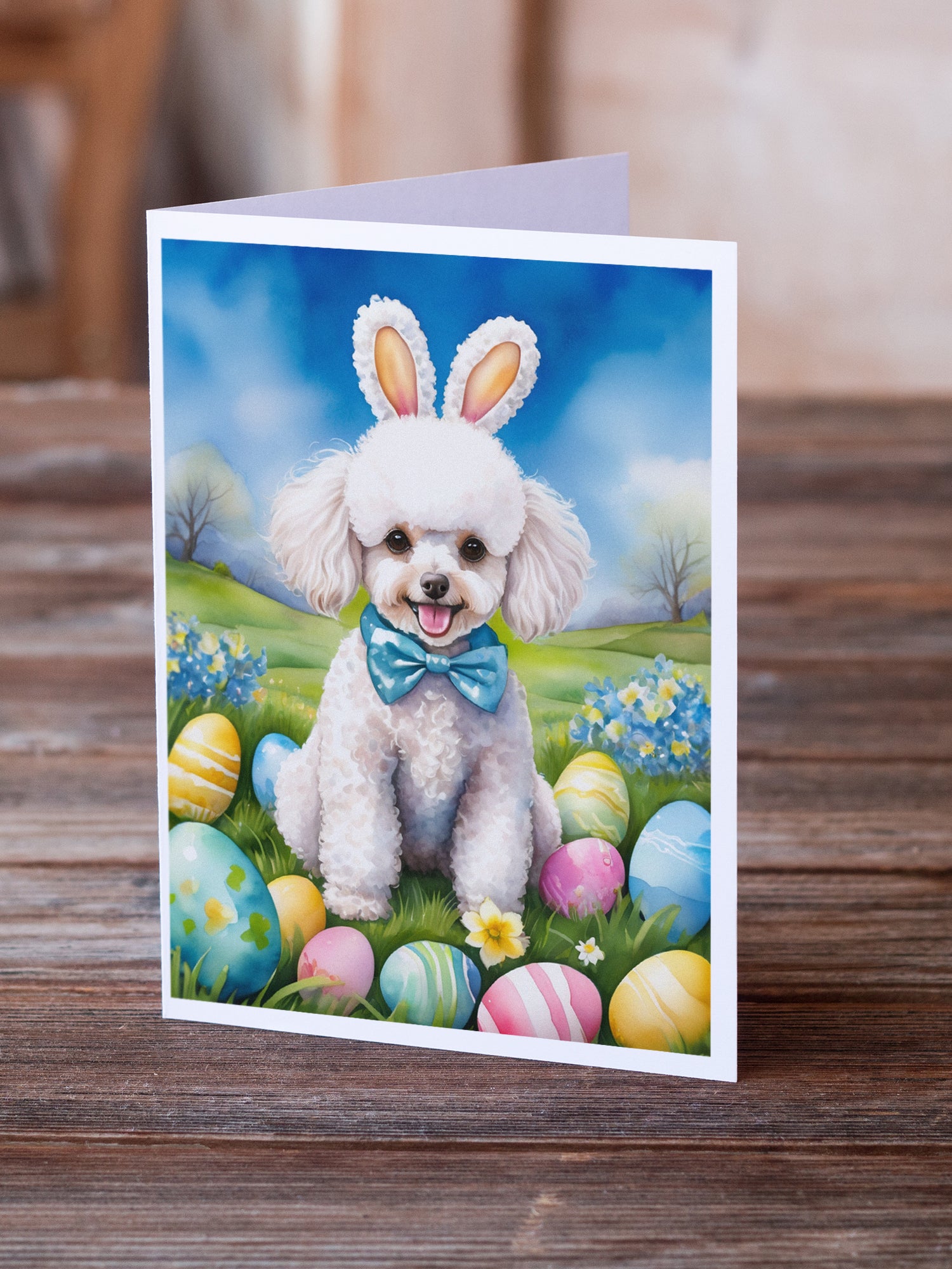 Buy this White Poodle Easter Egg Hunt Greeting Cards Pack of 8