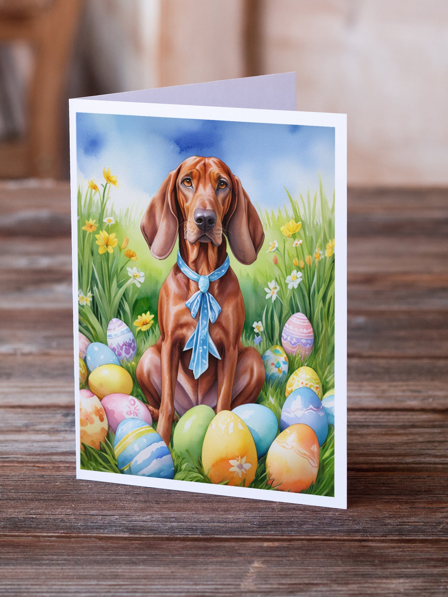 Buy this Redbone Coonhound Easter Egg Hunt Greeting Cards Pack of 8