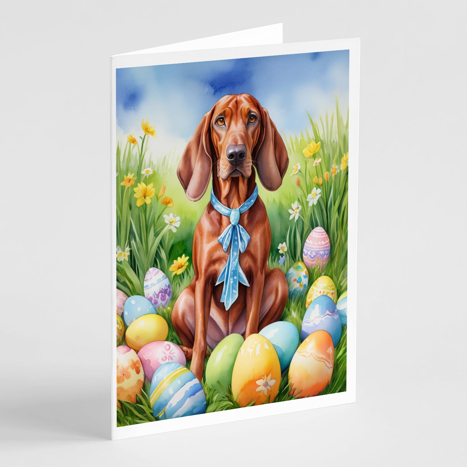 Buy this Redbone Coonhound Easter Egg Hunt Greeting Cards Pack of 8