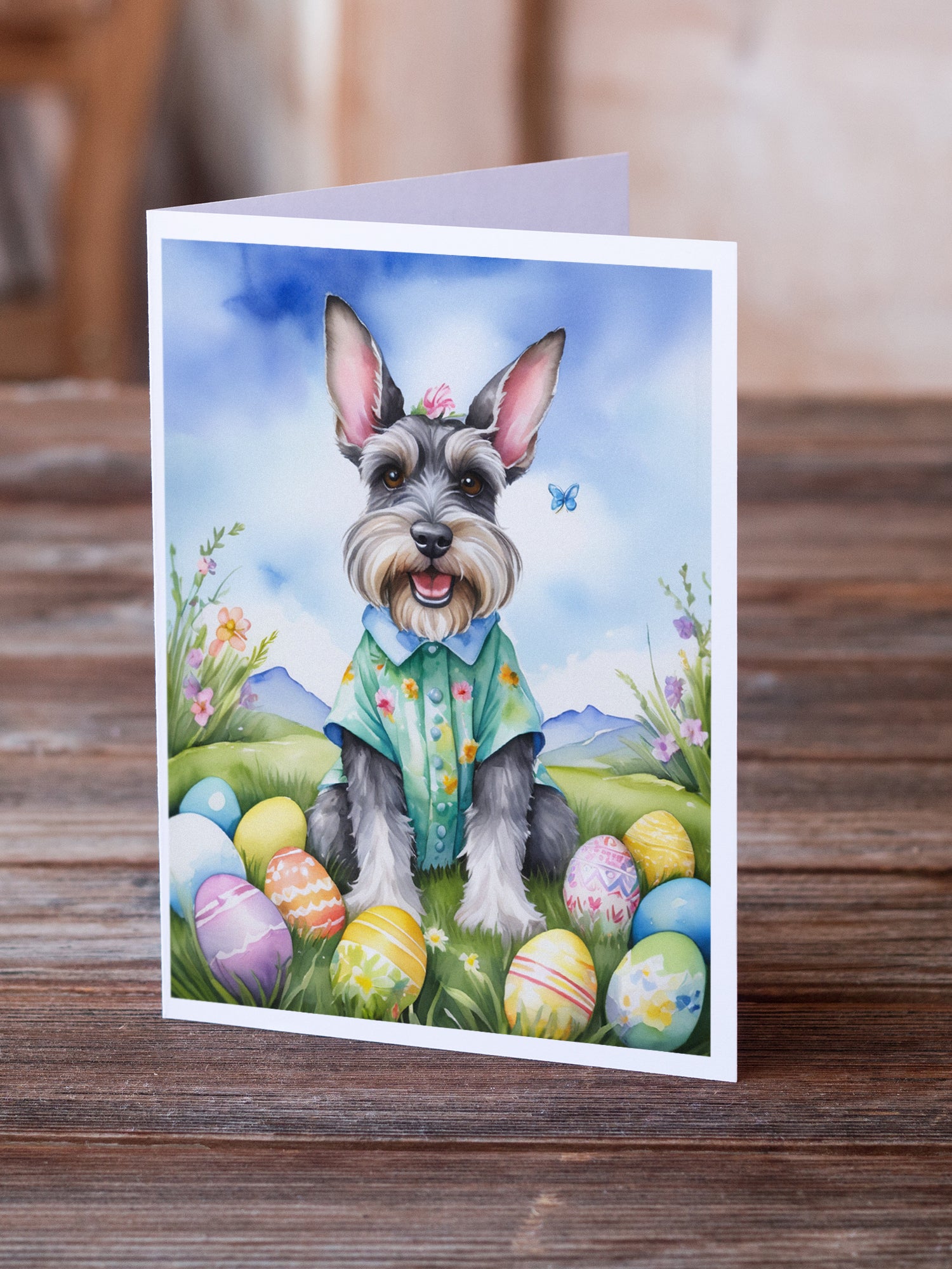 Buy this Schnauzer Easter Egg Hunt Greeting Cards Pack of 8