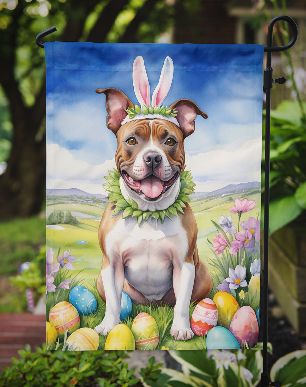 Staffordshire Bull Terrier Easter Egg Hunt Garden Flag