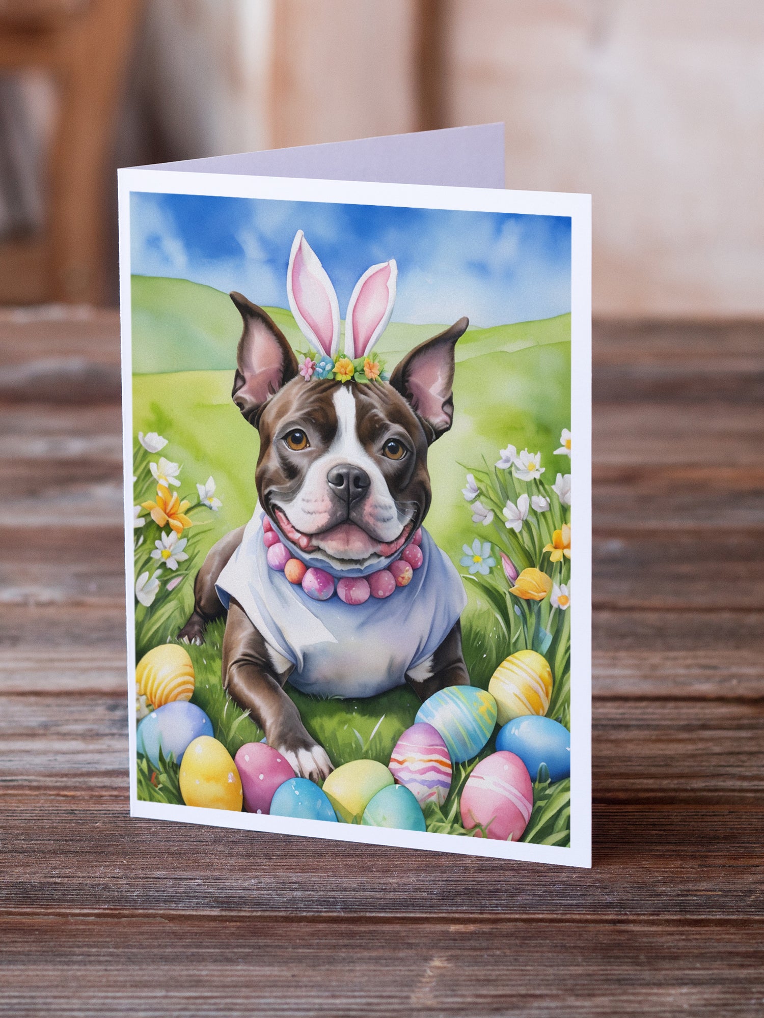 Buy this Staffordshire Bull Terrier Easter Egg Hunt Greeting Cards Pack of 8