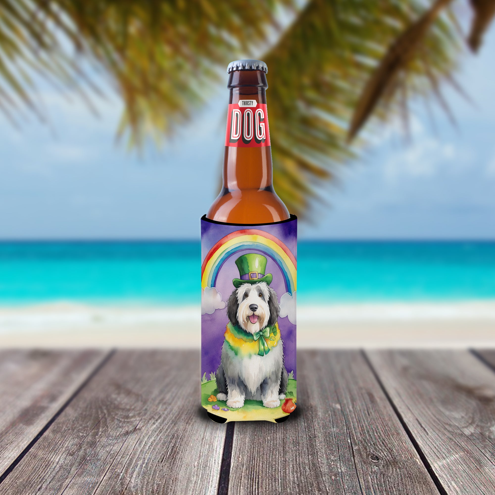 Old English Sheepdog St Patrick's Day Hugger for Ultra Slim Cans