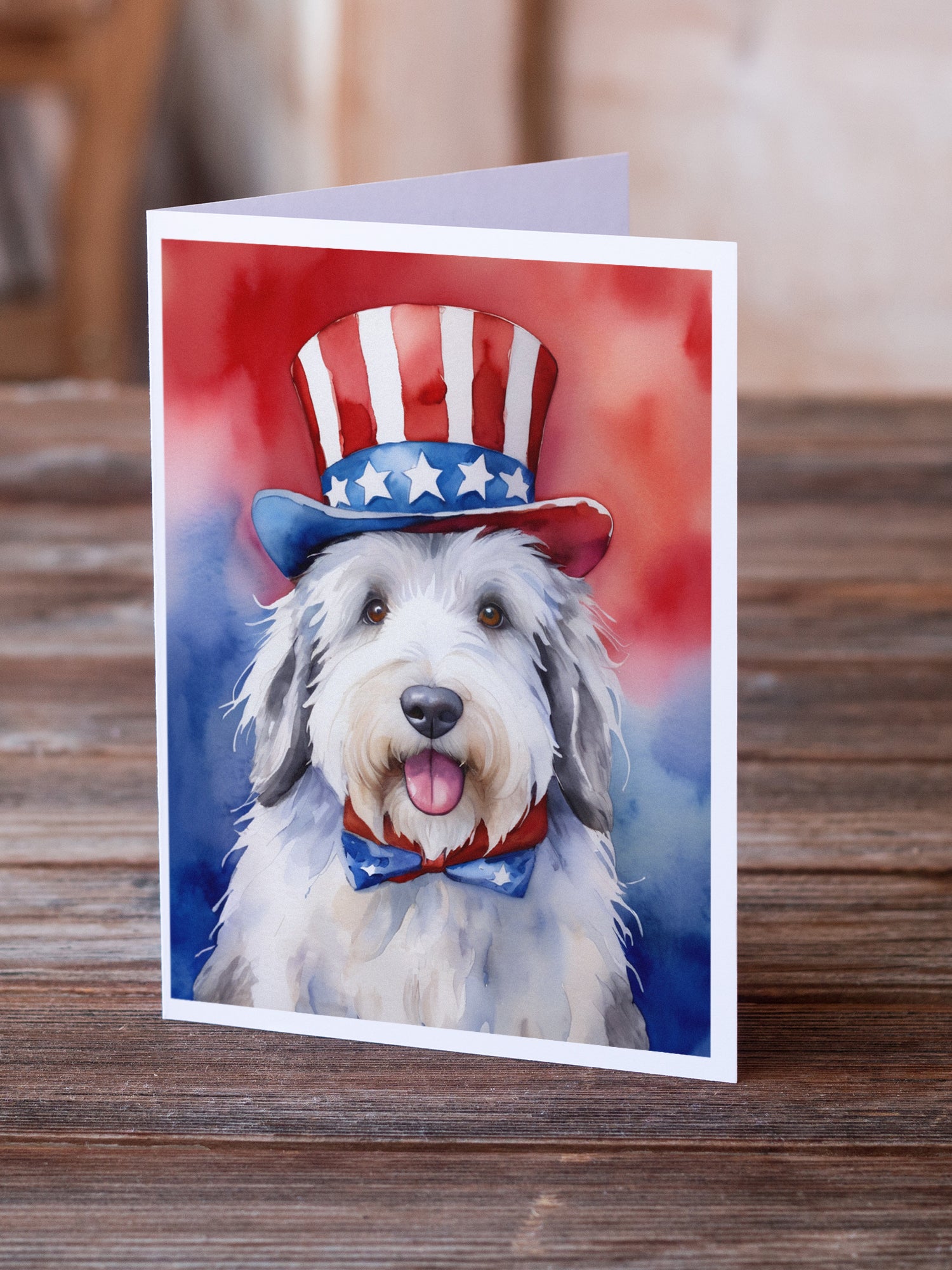 Old English Sheepdog Patriotic American Greeting Cards Pack of 8