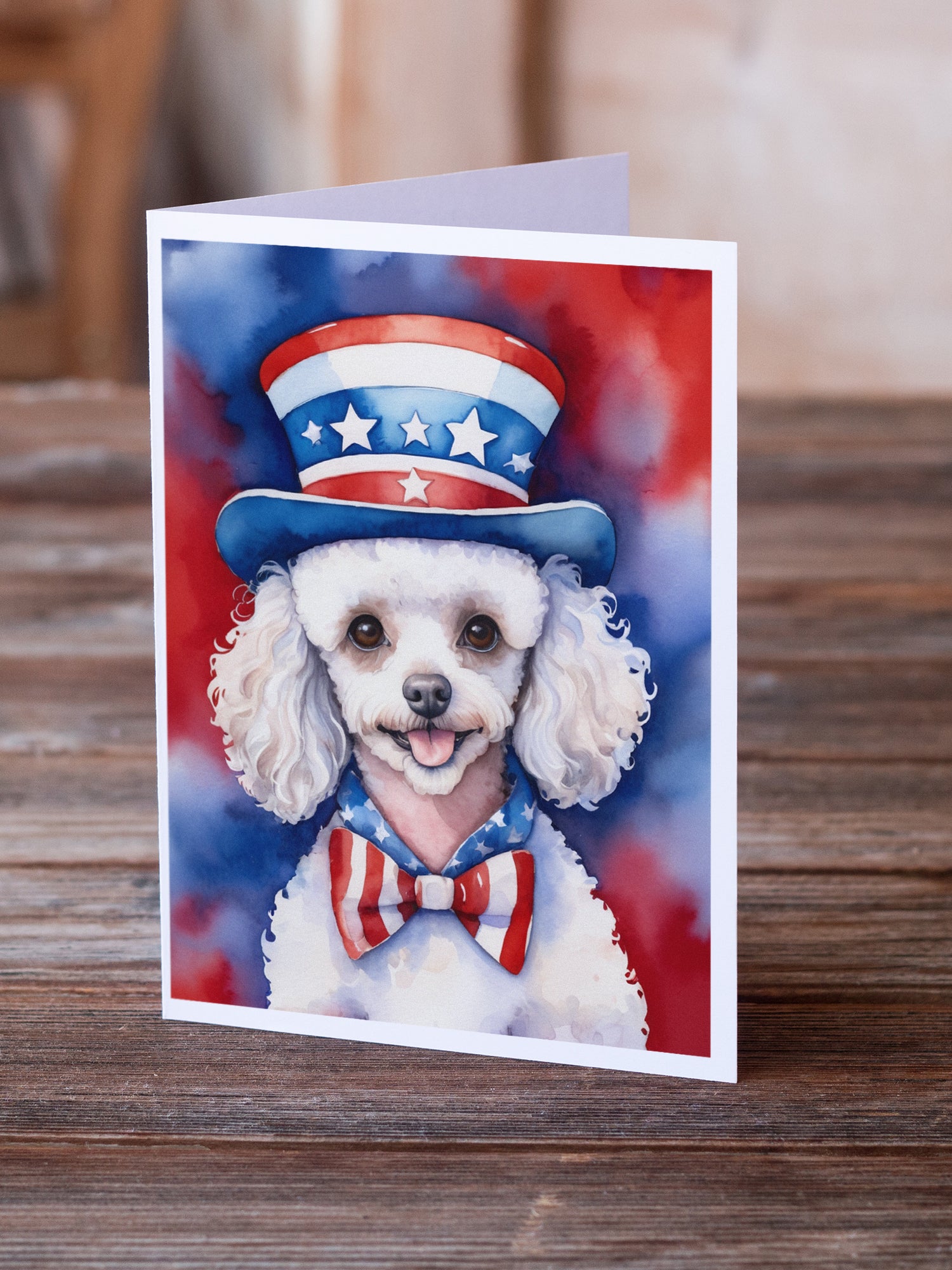 White Poodle Patriotic American Greeting Cards Pack of 8