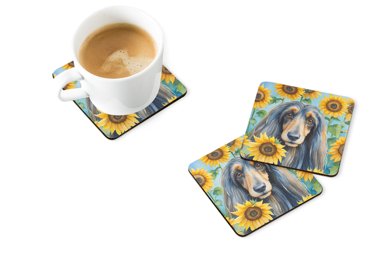 Afghan Hound in Sunflowers Foam Coasters