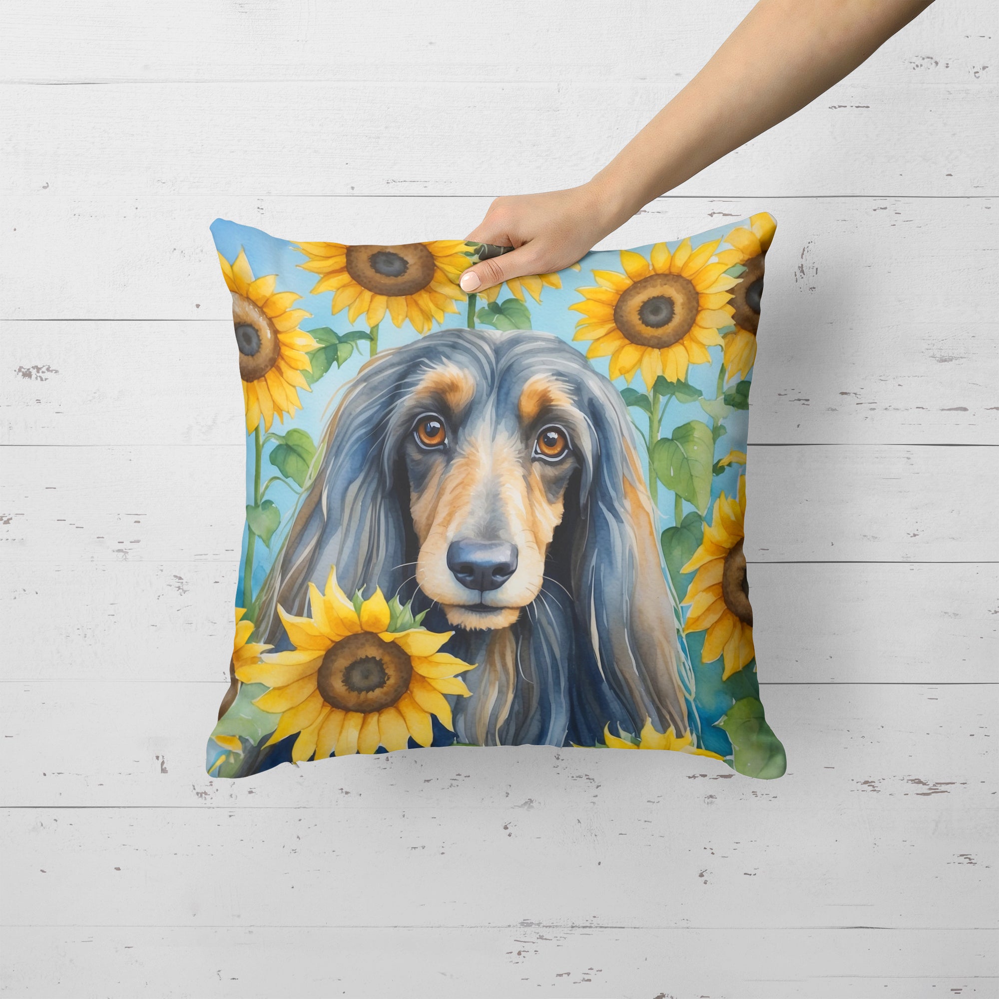 Afghan Hound in Sunflowers Throw Pillow