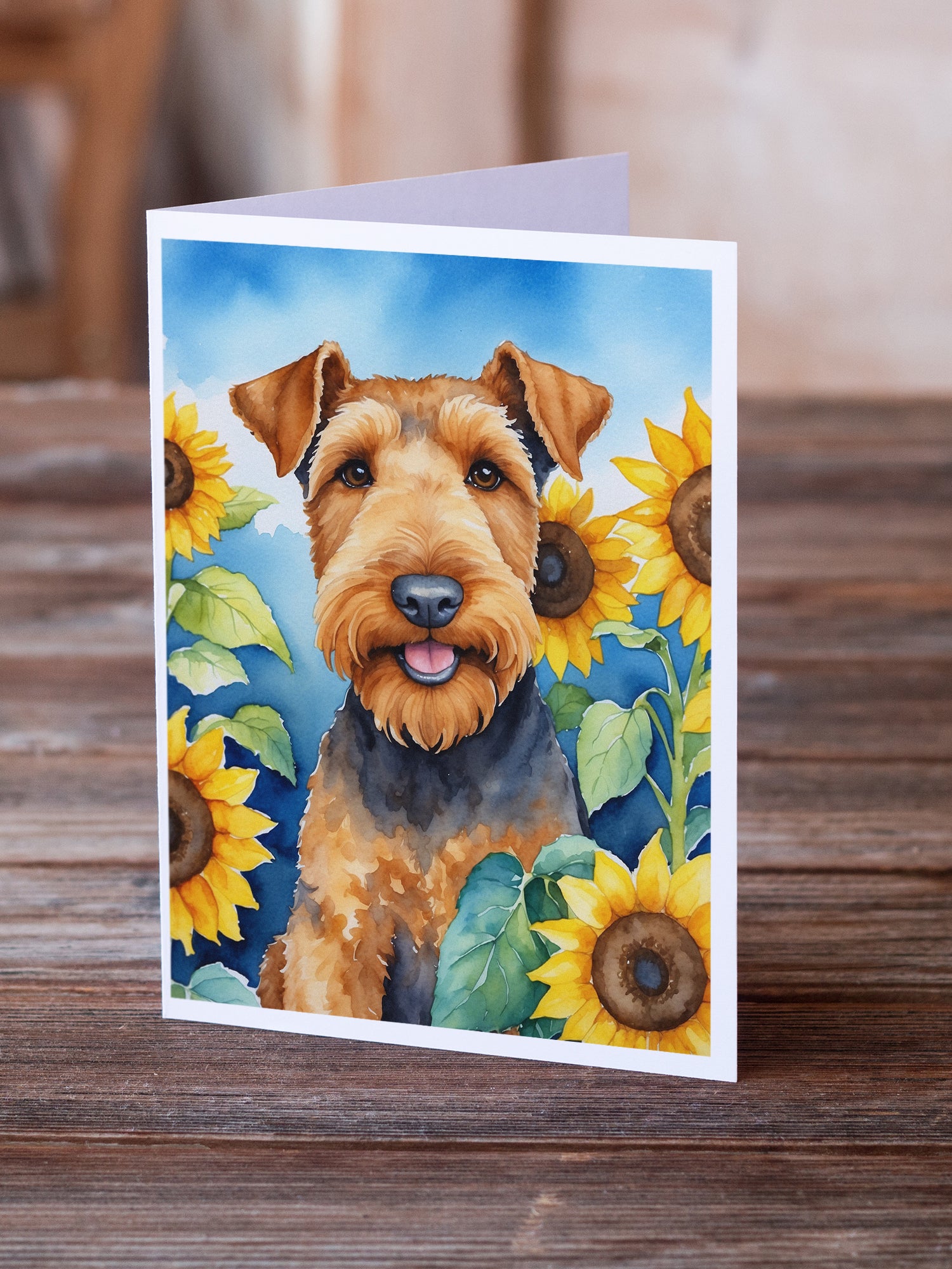 Buy this Airedale Terrier in Sunflowers Greeting Cards Pack of 8