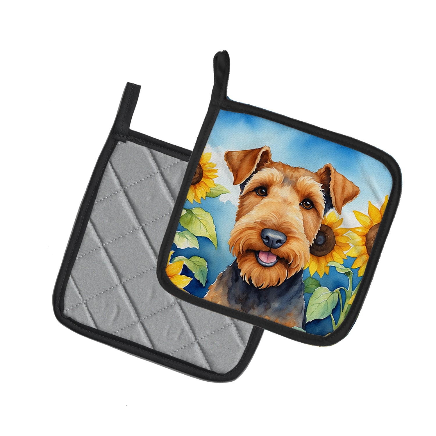 Airedale Terrier in Sunflowers Pair of Pot Holders