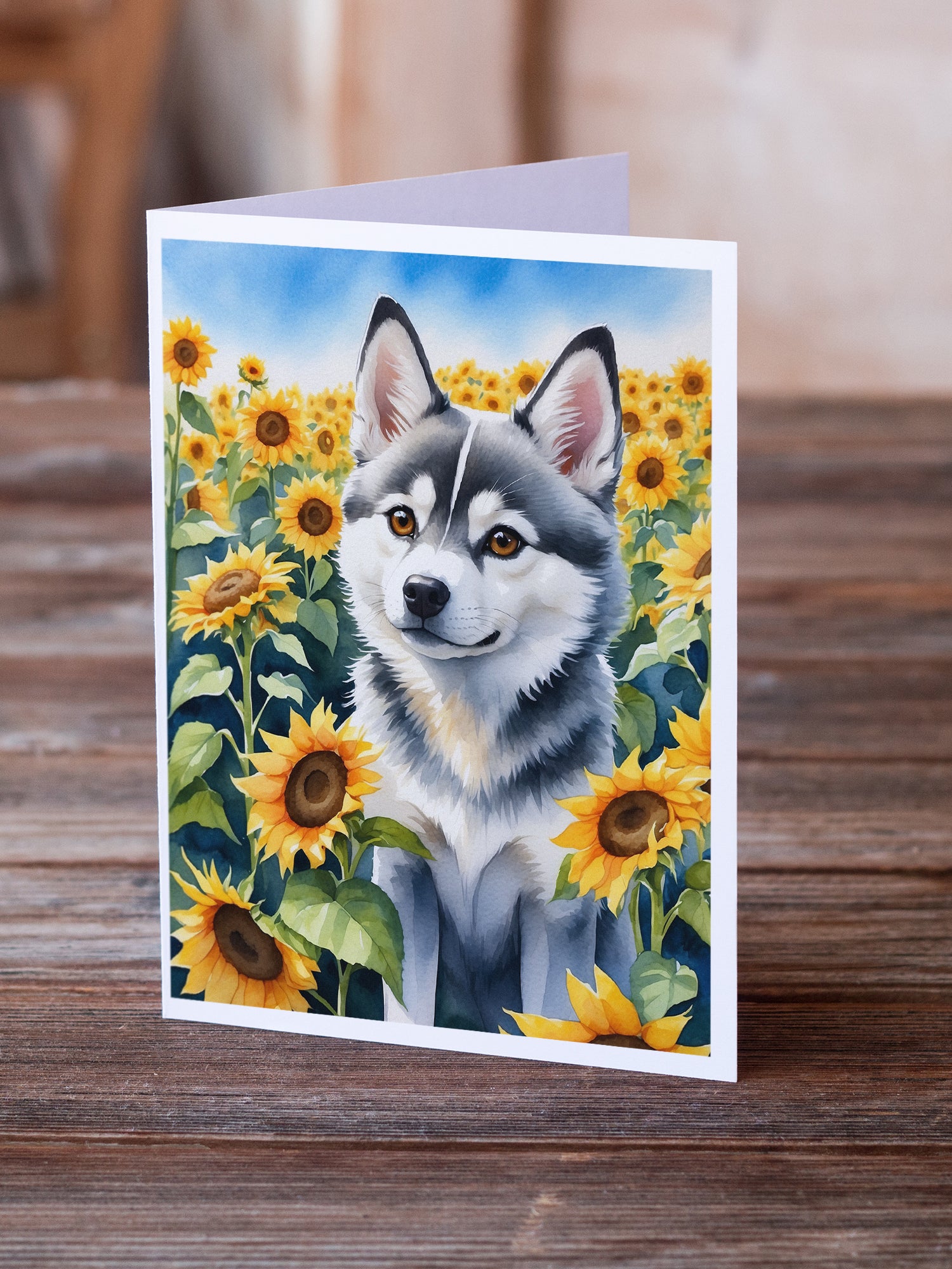 Buy this Alaskan Klee Kai in Sunflowers Greeting Cards Pack of 8