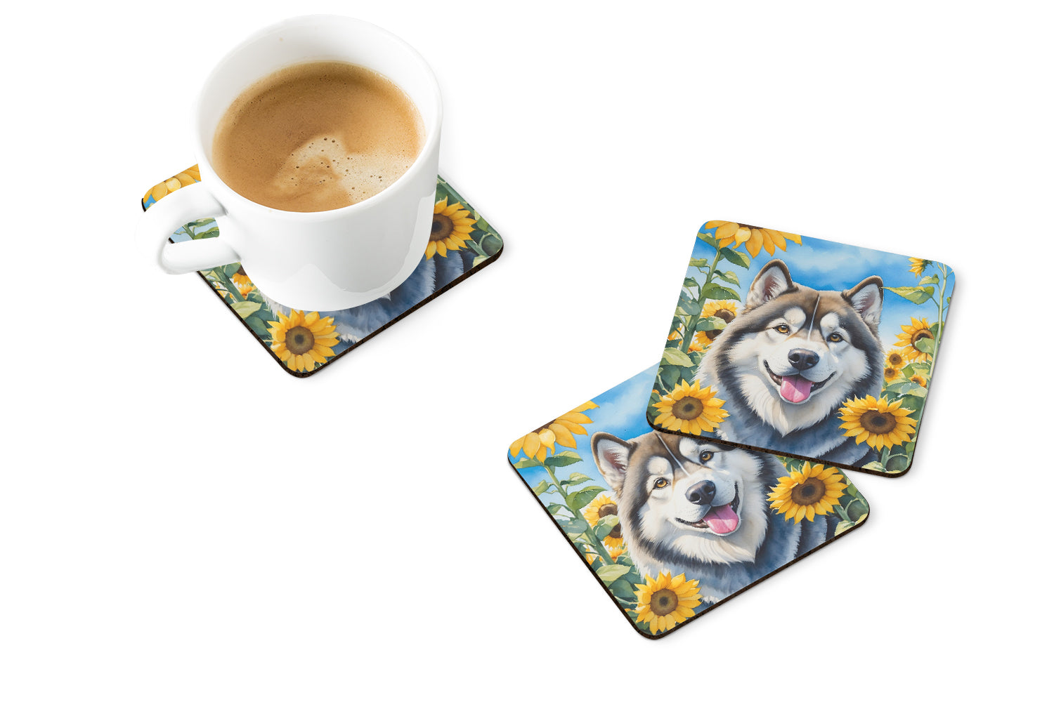 Buy this Alaskan Malamute in Sunflowers Foam Coasters
