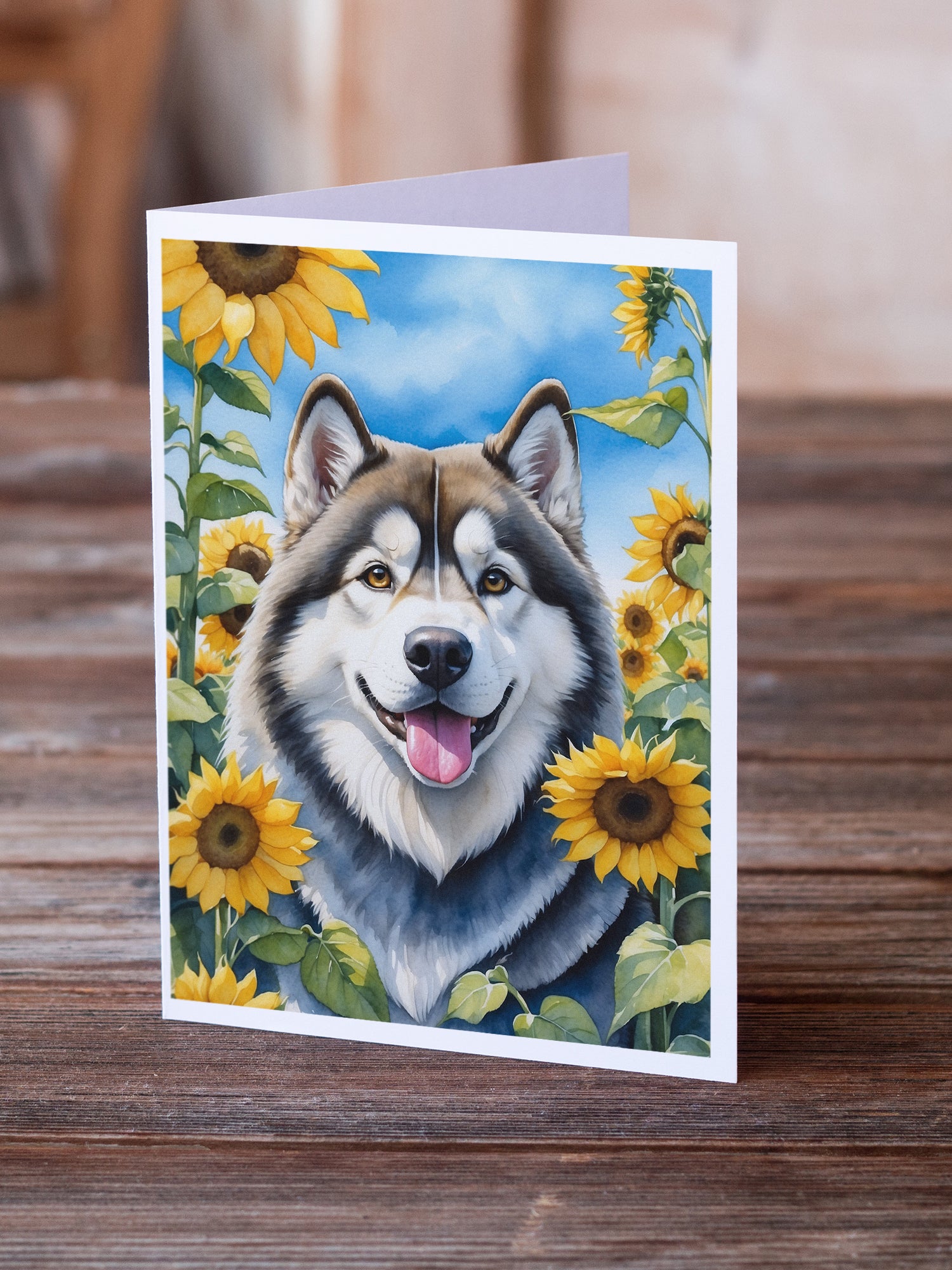 Alaskan Malamute in Sunflowers Greeting Cards Pack of 8