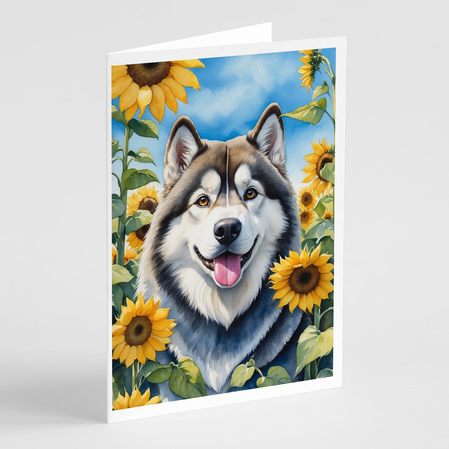 Buy this Alaskan Malamute in Sunflowers Greeting Cards Pack of 8