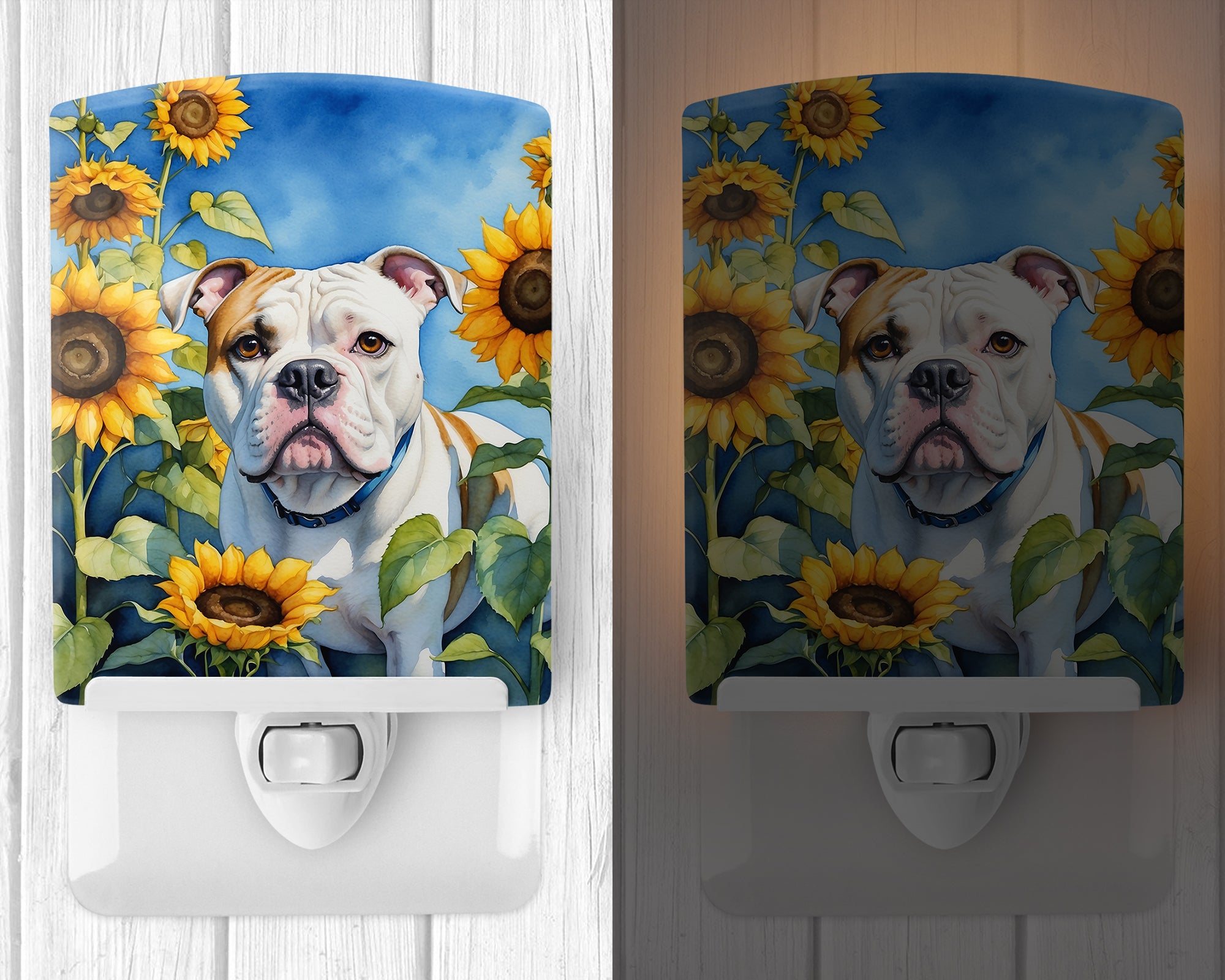 American Bulldog in Sunflowers Ceramic Night Light
