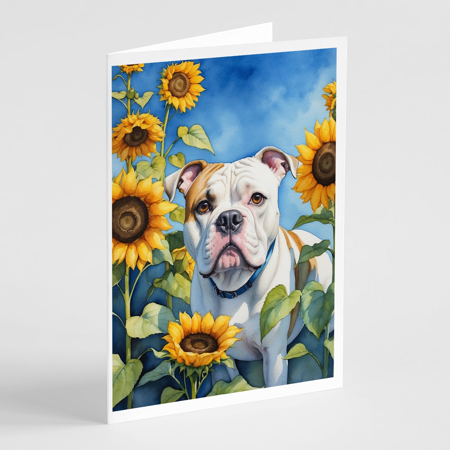Buy this American Bulldog in Sunflowers Greeting Cards Pack of 8