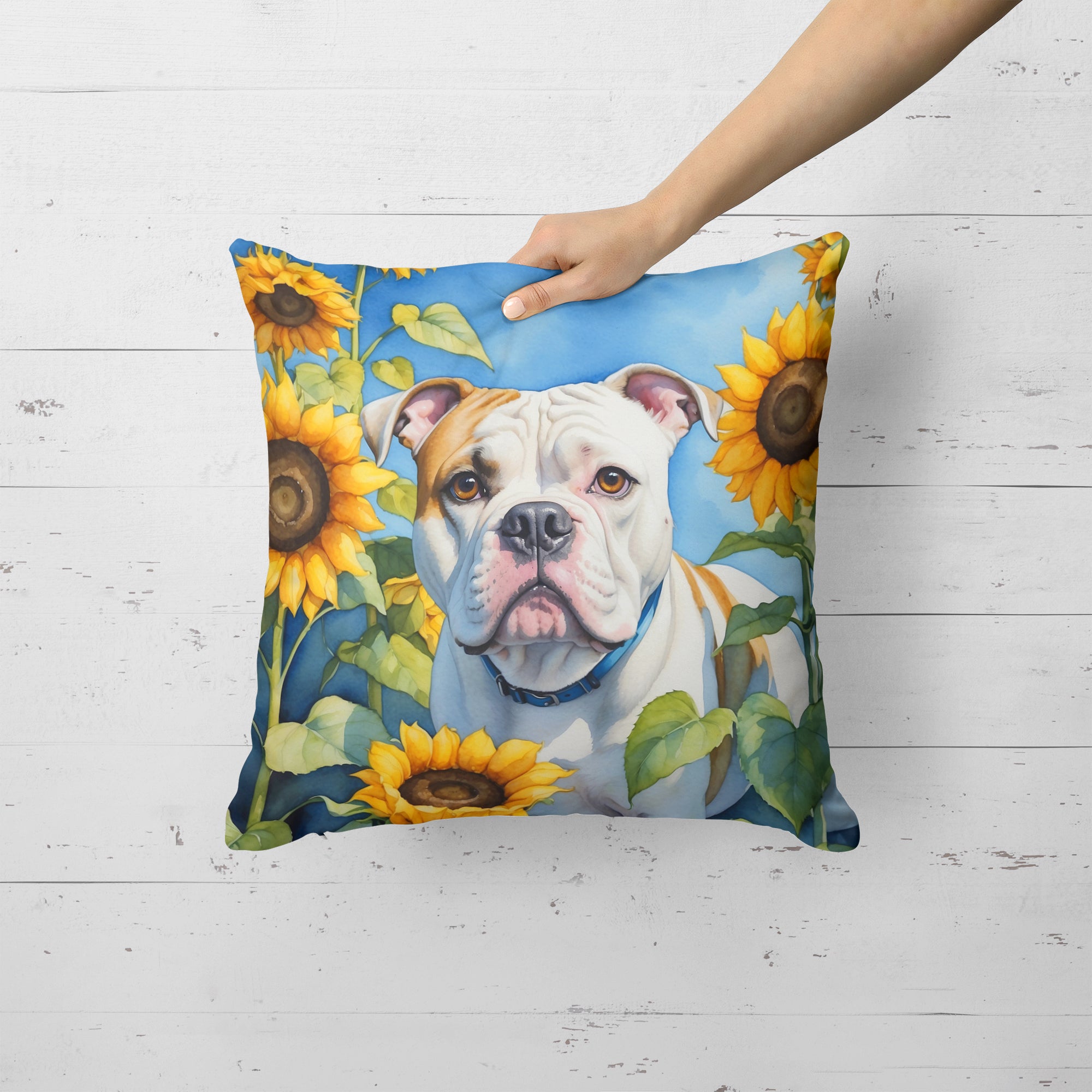 Buy this American Bulldog in Sunflowers Throw Pillow
