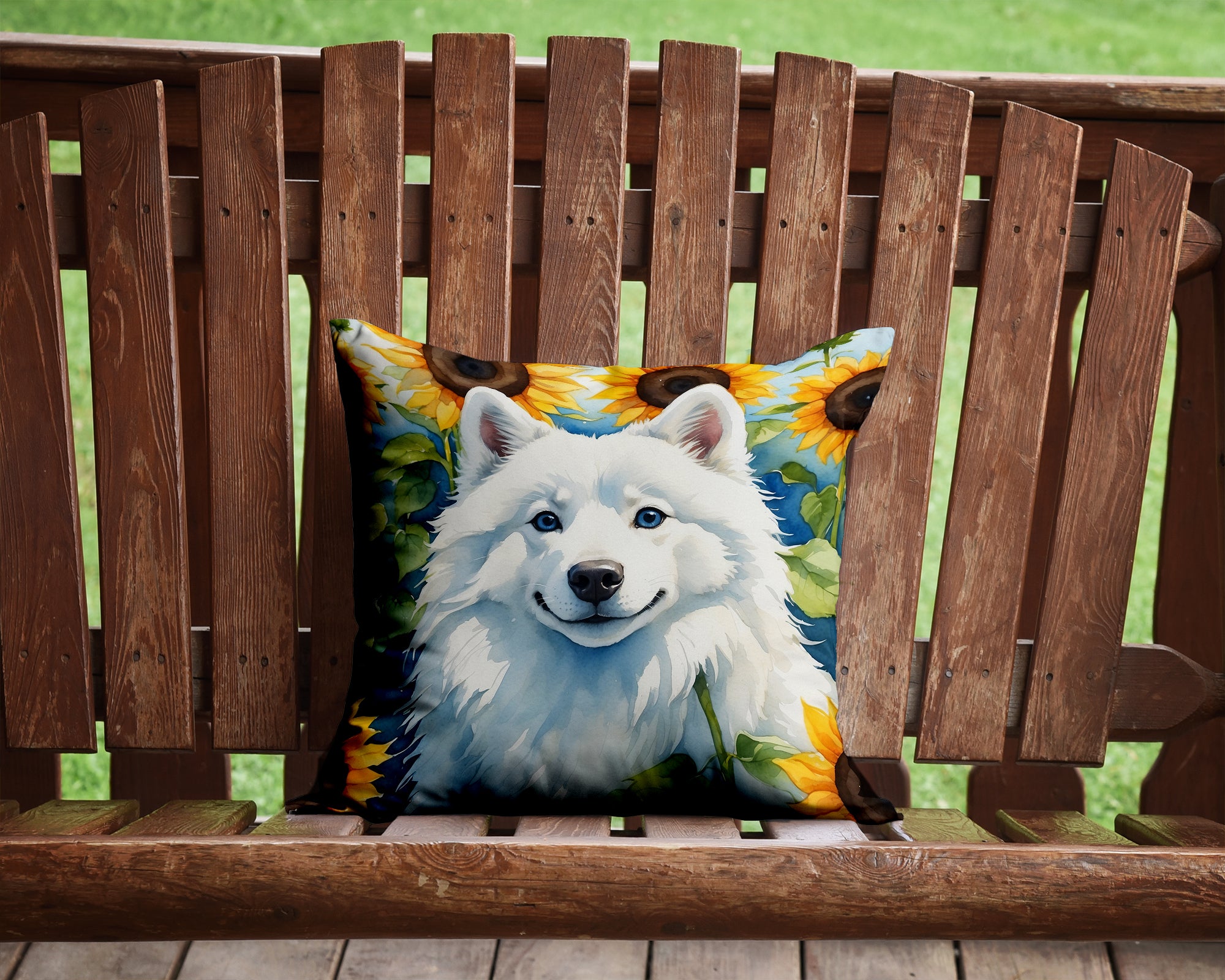 Buy this American Eskimo in Sunflowers Throw Pillow